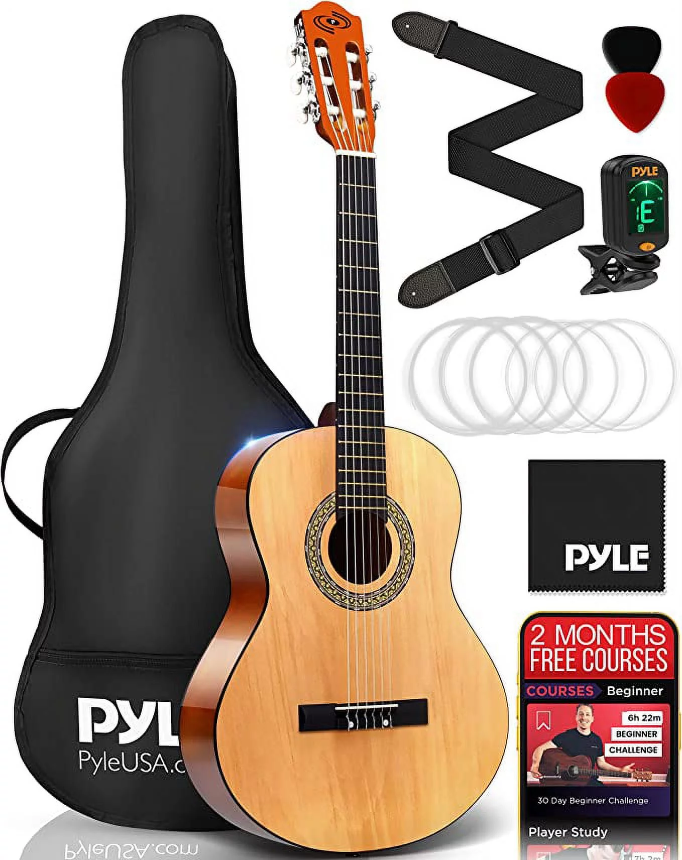 Pyle Classical Acoustic Guitar Kit, 1/2 Junior Size Instrument for Kids, Adults, 34” Natural Gloss