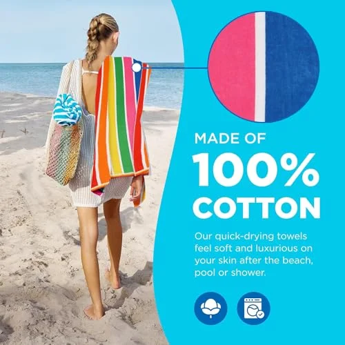 Kaufman - Velour Multi-Color Cabana Striped Beach Towels | 100% Cotton Beach Towel Pack 30