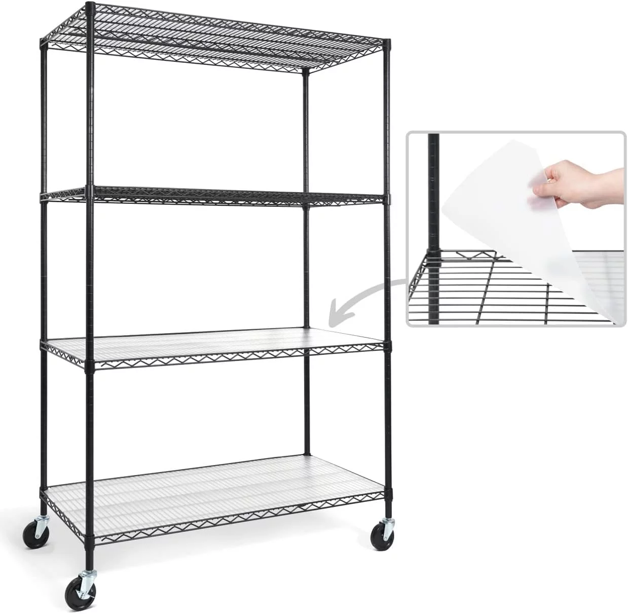 CAPHAUS NSF Commercial Grade Heavy Duty Wire Shelving w/ Wheels, Leveling Feet & Liners, Storage Metal Shelf, Garage Shelving Storage, Utility Wire Rack Storage Shelves, w/ Liner, 48 x 24 x 76 4-Tier