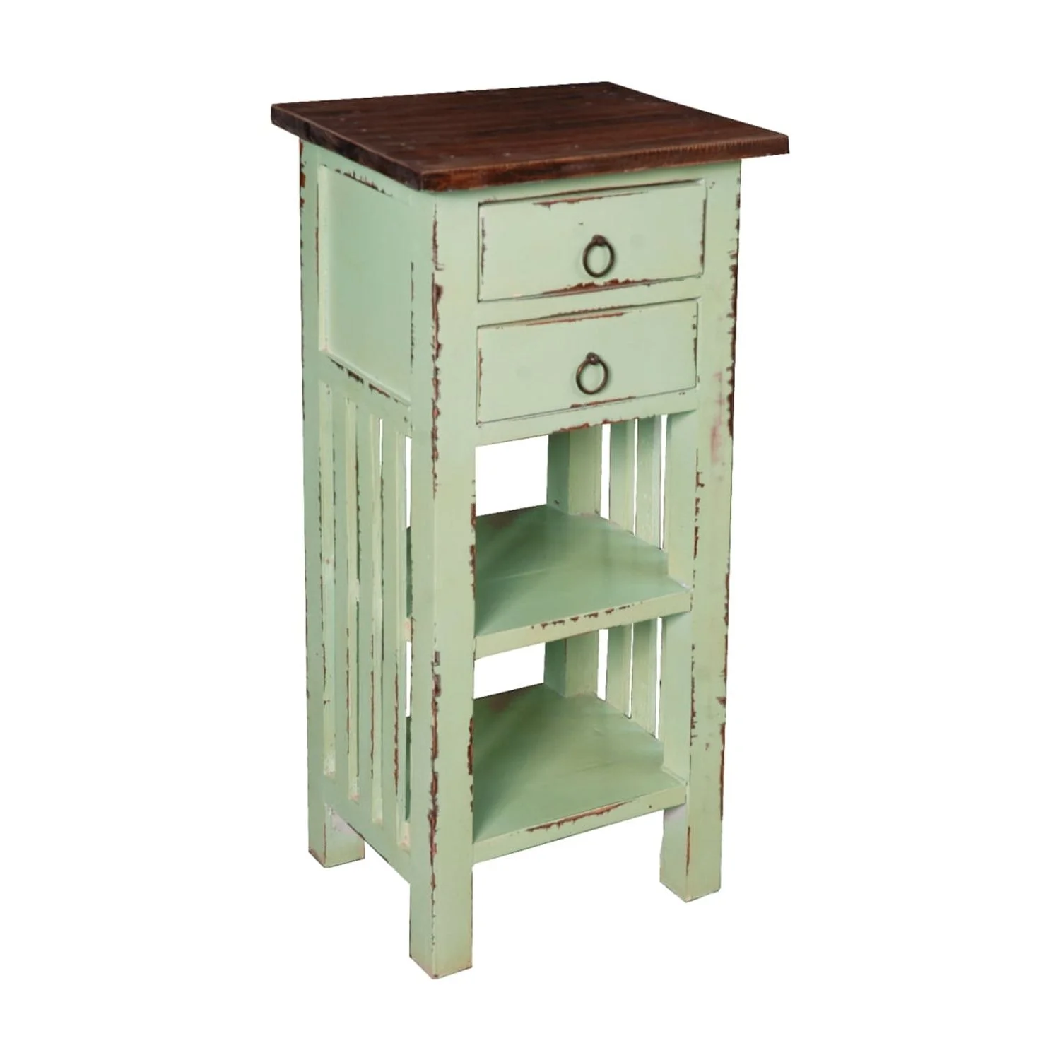 HomeStock End Table With Drawers And Shelves , Bahama Blue/Raftwood Brown Solid Wood , Fully Assembled Narrow Display Shelves