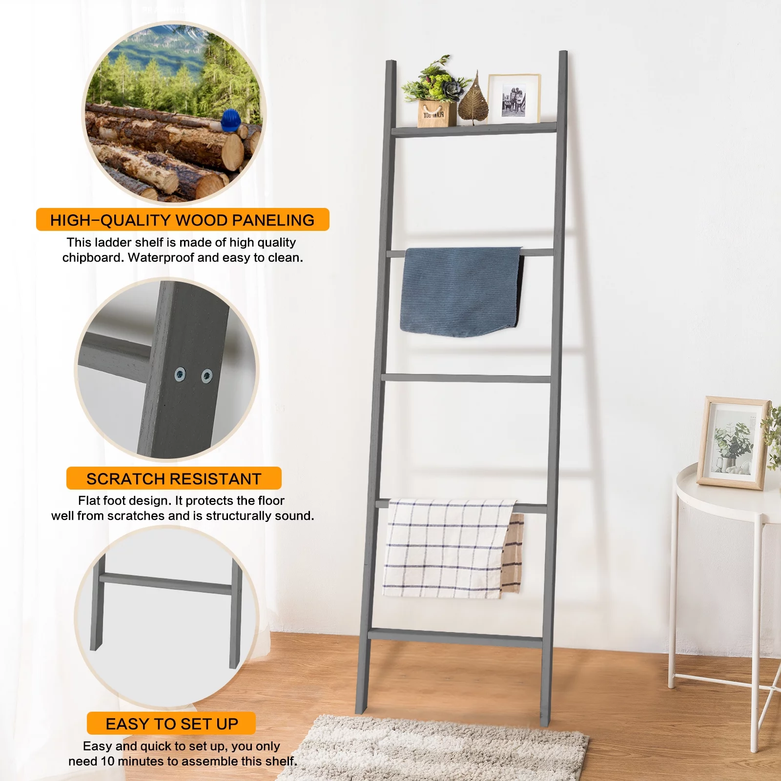 Fionafurn 5-Tier Modern Ladder Shelf,Wooden Flower Book Display Shelf，Leaning Wall Shelf，Gray