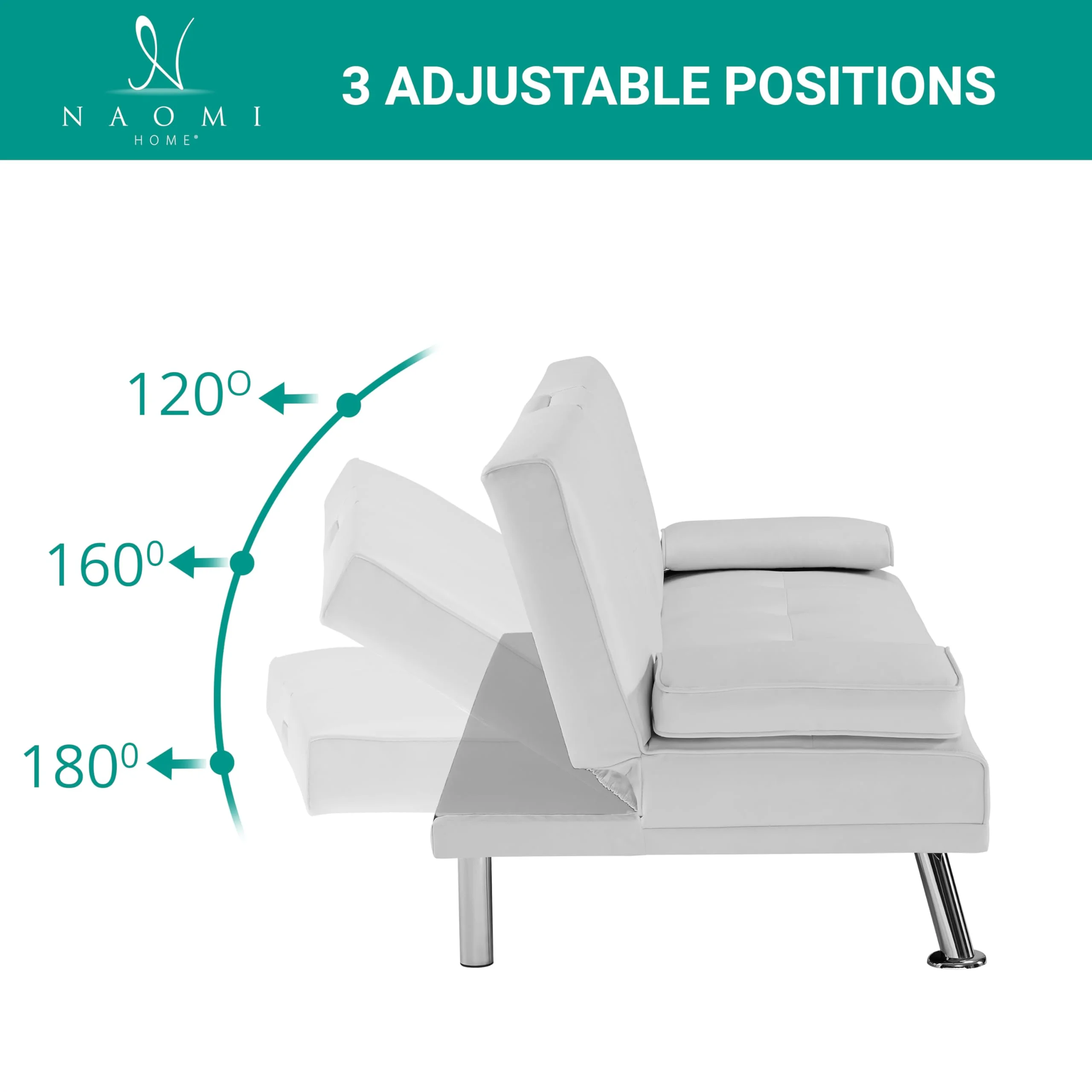 Naomi Home Low Profile Design: Convertible Folding Futon Sofa Bed Sleeper Couch for Living Room Faux Leather Upholstered Futon Sofa with Armrests, Metal Legs, 2 Cup Holders, White