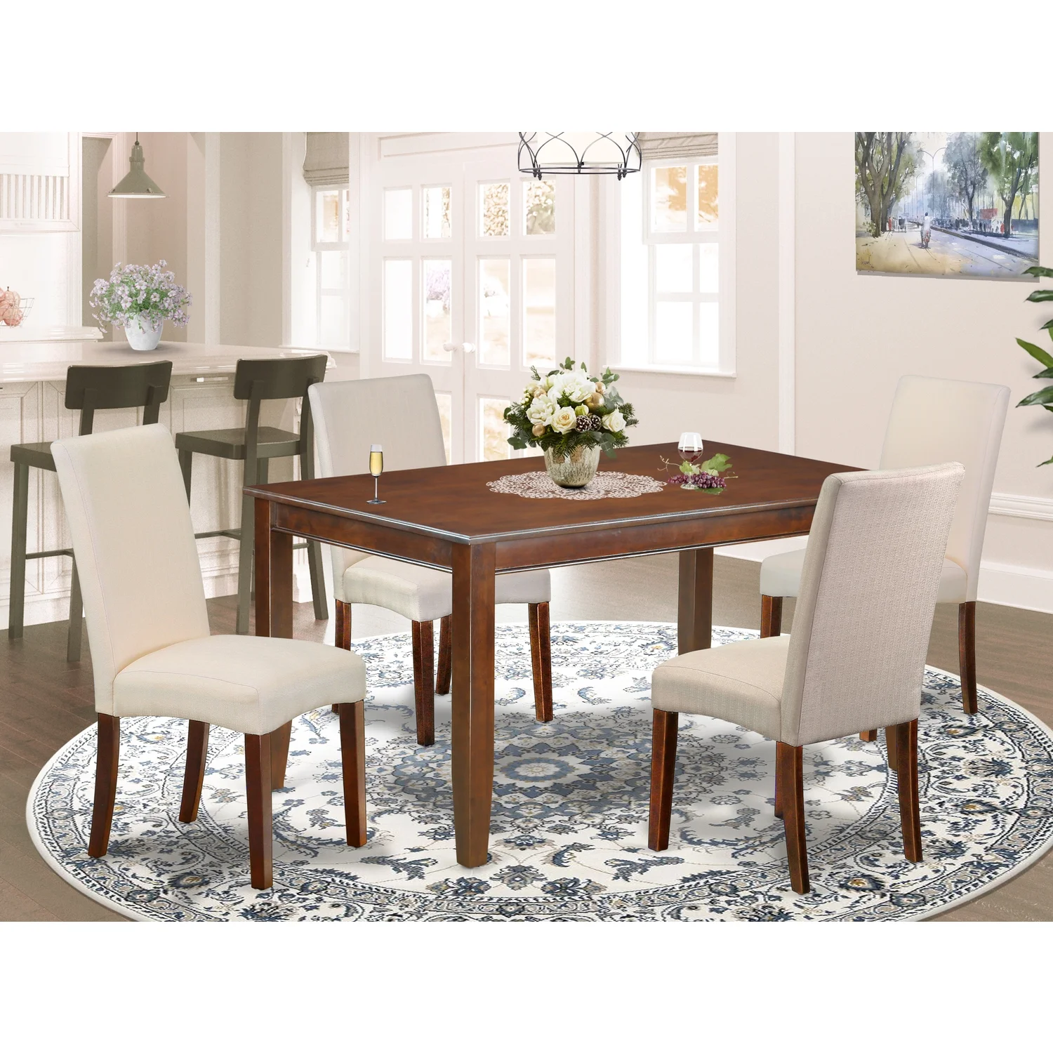 HomeStock Medieval Majesty 5Pc Rectangle 60 Inch Dining Table And Four Parson Chair With Mahogany Finish Leg And Linen Fabric- Cream Color
