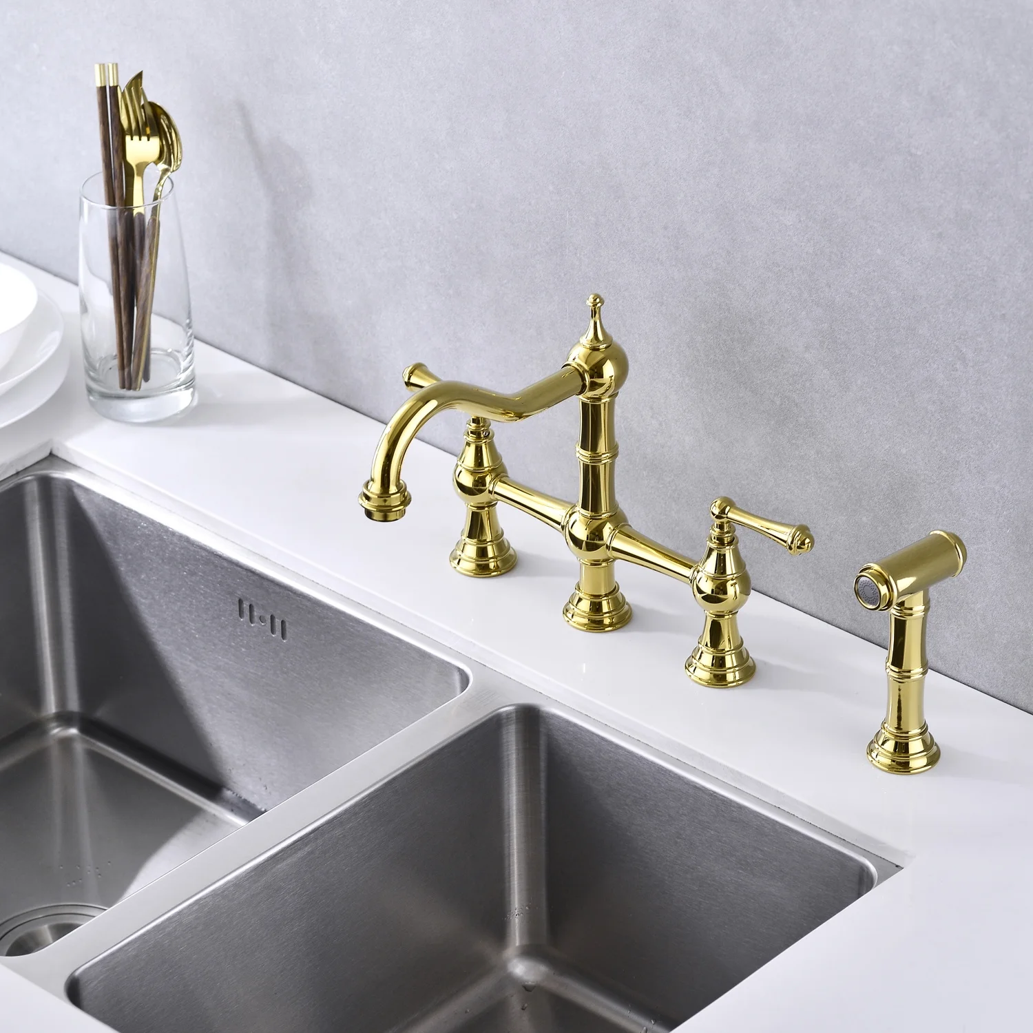 DremFaryoyo Bridge Dual Handles Kitchen Faucet With Pull-Out Side Spray in