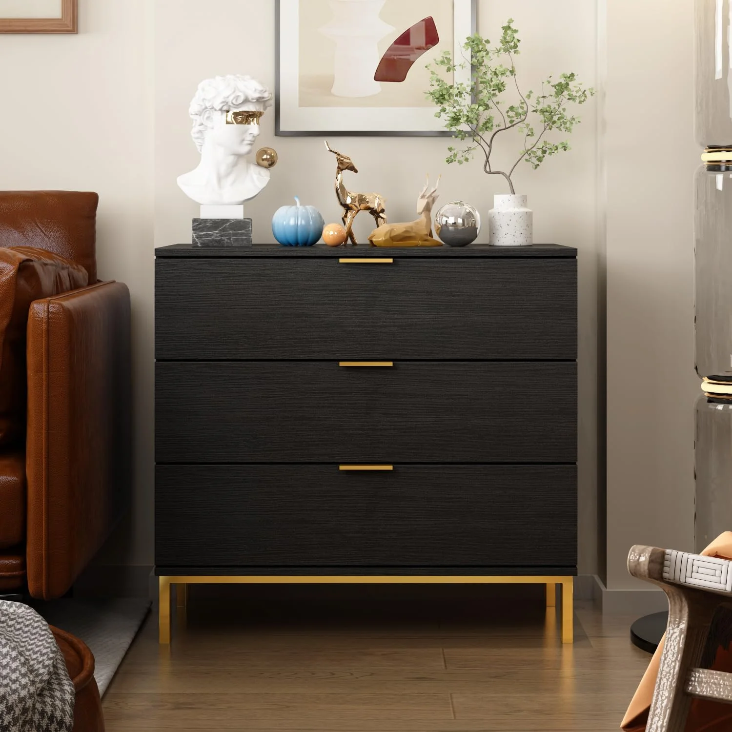 xrboomlife Contemporary 3-Drawer Dresser Chest  Wooden Dresser Tower with Wide  Space and Metal Legs for Living Room Bedroom Hallway  Black