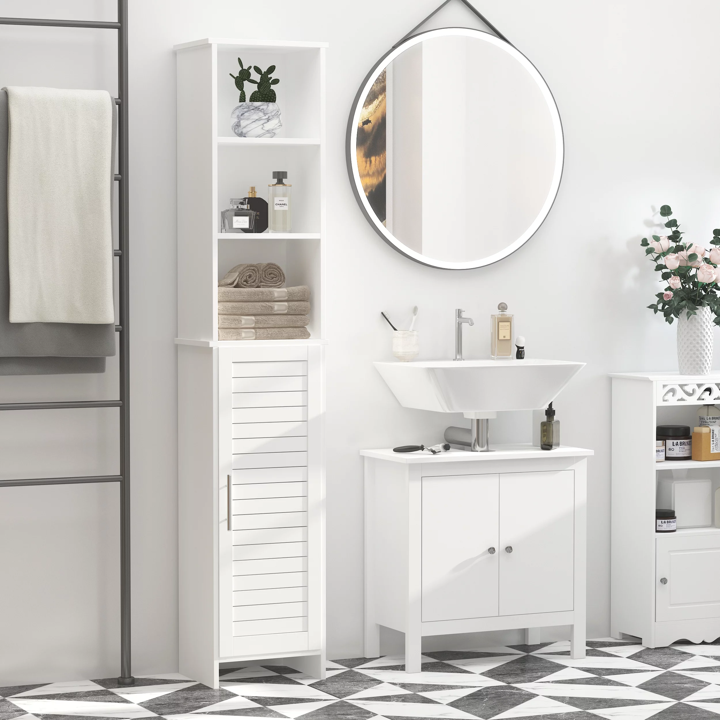 kleankin Bathroom Storage Organizer w/ Door Tower Open Adjustable Mantle, White