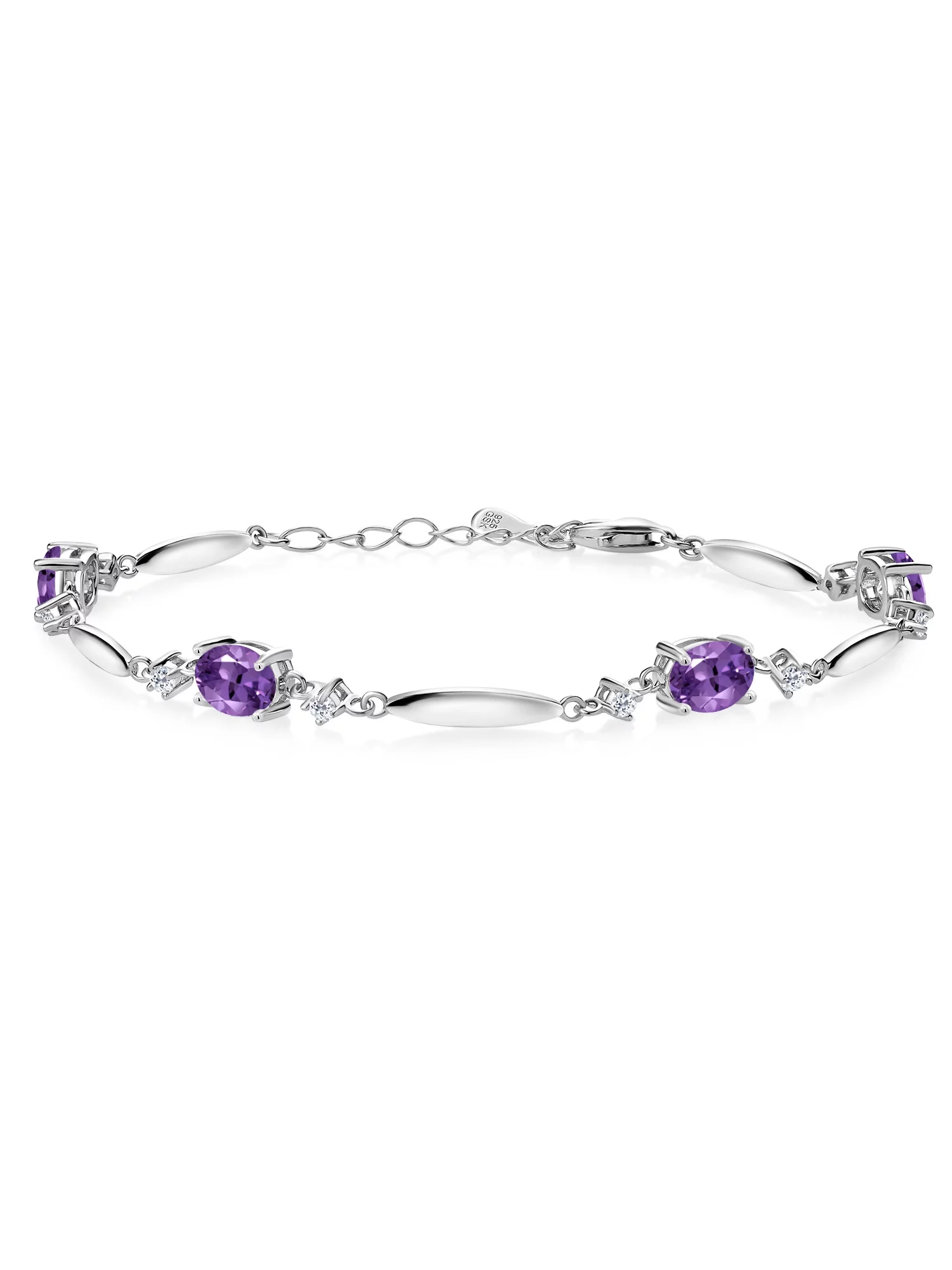 Gem Stone King 925 Sterling Silver Purple Amethyst and White Topaz Tennis Bracelet for Women | 3.32 Cttw | Gemstone February Birthstone | Oval 7X5MM | 6 inch + 1 inch Extender