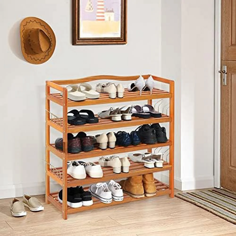 TQSBRZJ 5-Tier Shoe Rack  Acacia Wood Shoe  with Side Metal Hooks  Holds up 12-18 Pairs  Shoe Organizer  Shoe   Wooden Shoe Rack for Entryway  33\u2019\u2019Lx10.5\u2019\u2019Wx32.5\u2019