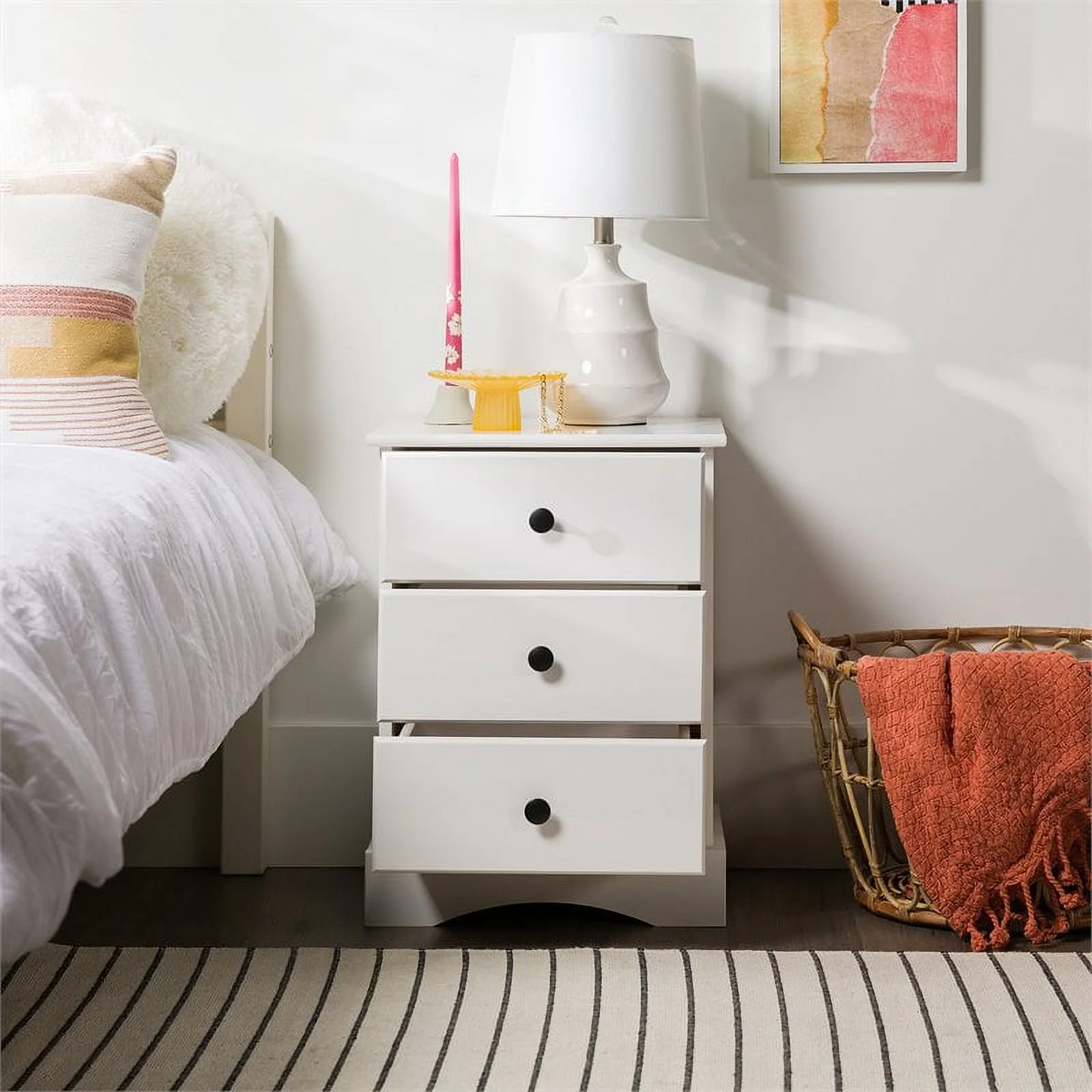 Classic 3 Drawer Solid Wood Top Bedroom Nightstand in White