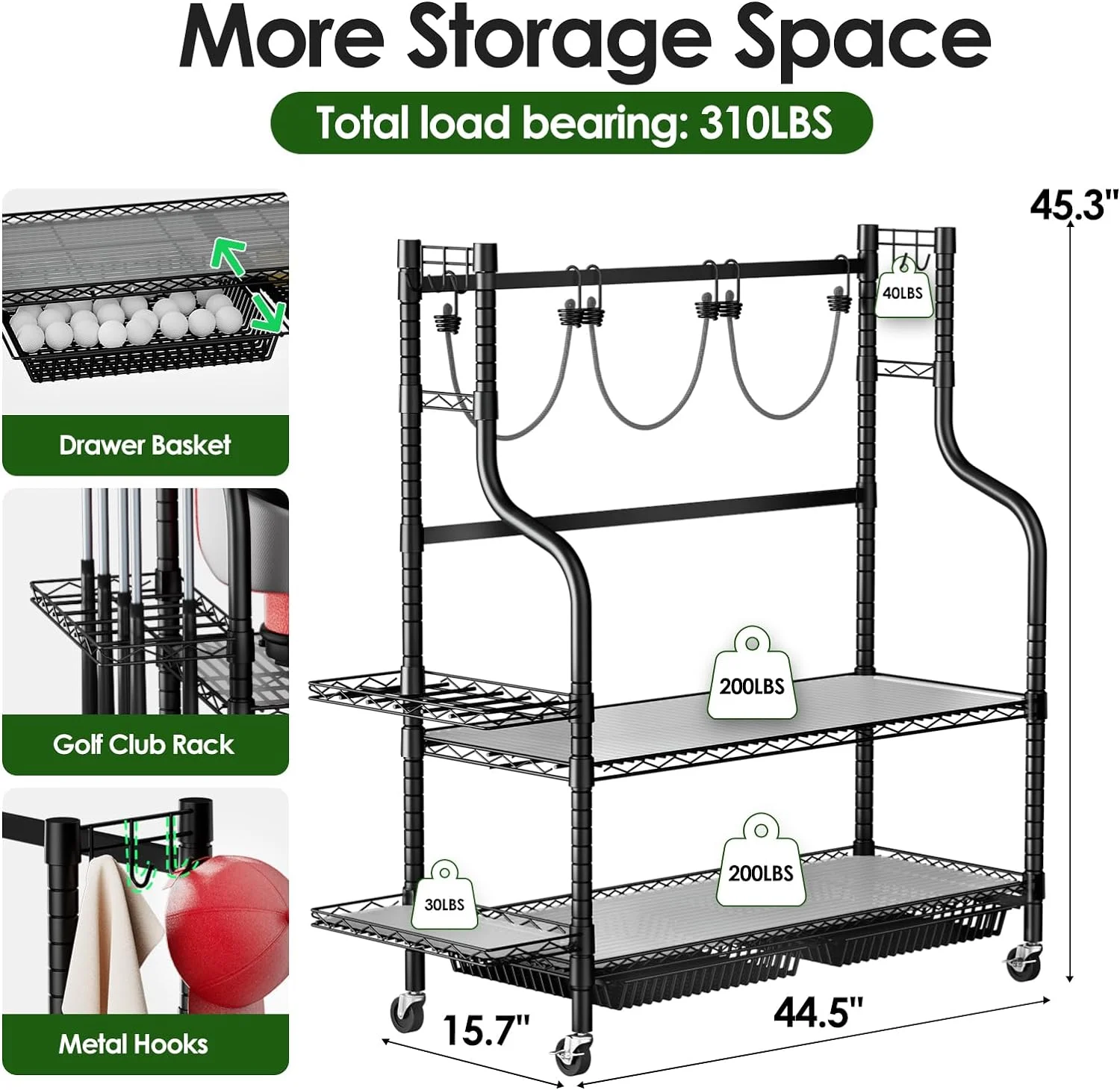 HYUN Golf Bag Organizer, Heavy Duty Golf Organizer Fit for 3 Golf Bags and Golf Equipment Accessories, Golf Bag Storage Rack with Wheels & Elastic Ropes for Garage, Club and Shed, Easy Assembly