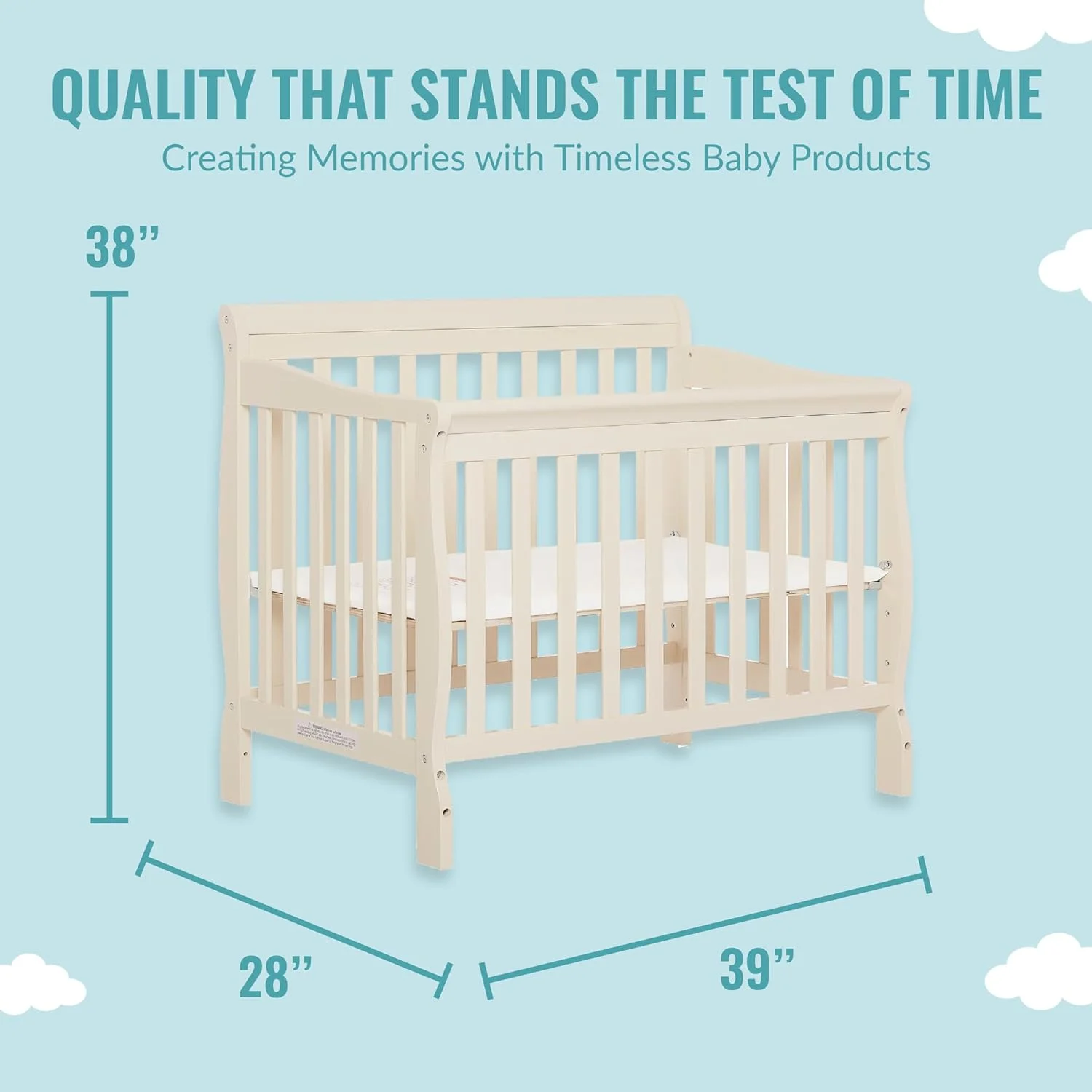 Aden 4-in-1 Convertible Mini Crib In French White, Greenguard Gold Certified, Non-Toxic Finish, New Zealand Pinewood, With 3 Mattress Height Settings