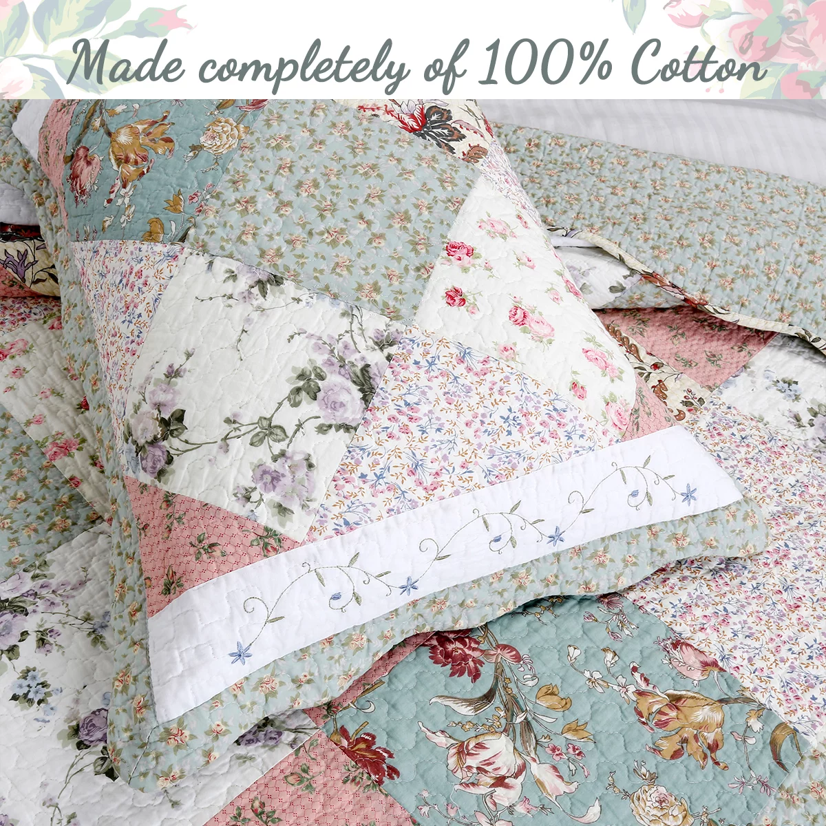 Cozy Line Home Fashions Patchwork Floral Blue Pink Cotton Reversible Quilt Sets, Queen, 3-Pieces