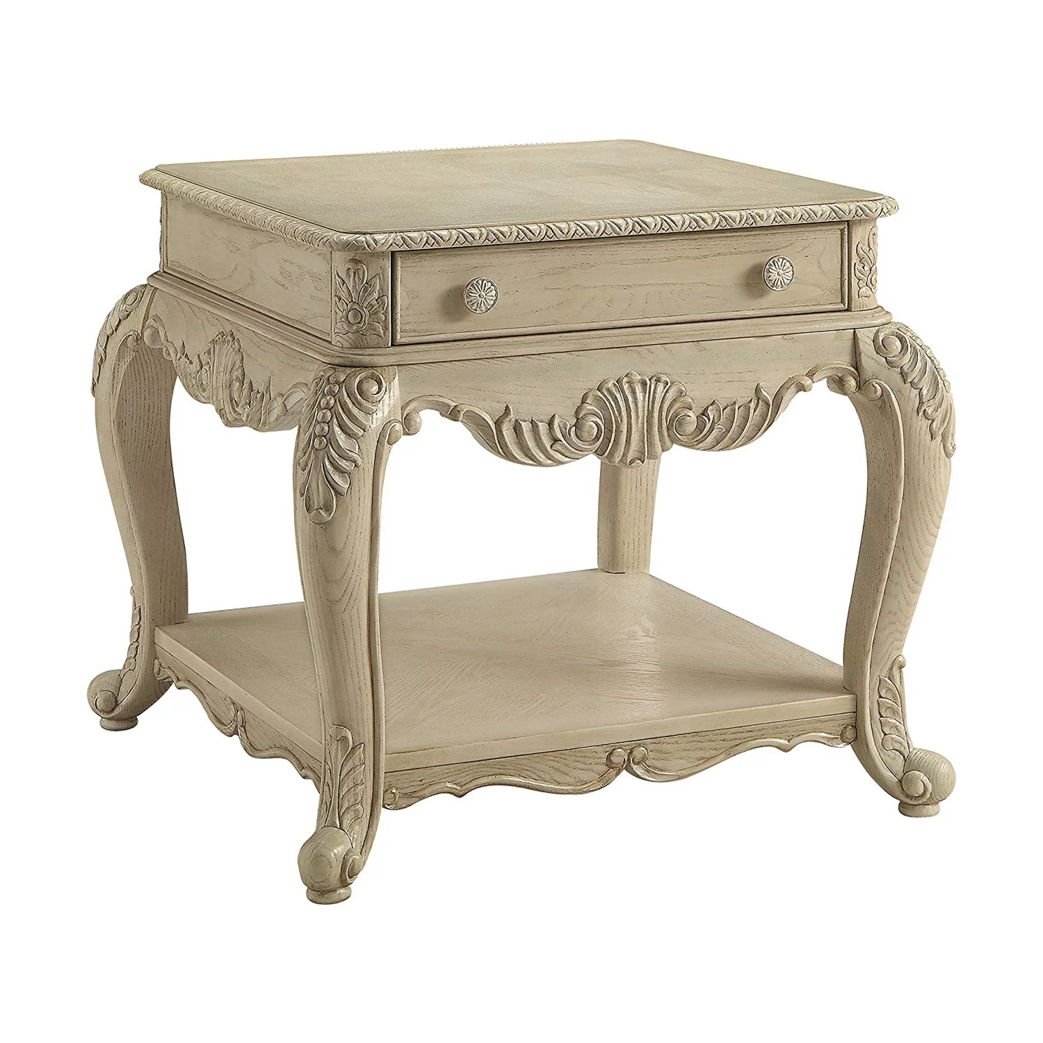 Benzara BM185328 Wooden End Table with One Drawer & Bottom Shelf, Antique White - 26 x 28 x 26 in.