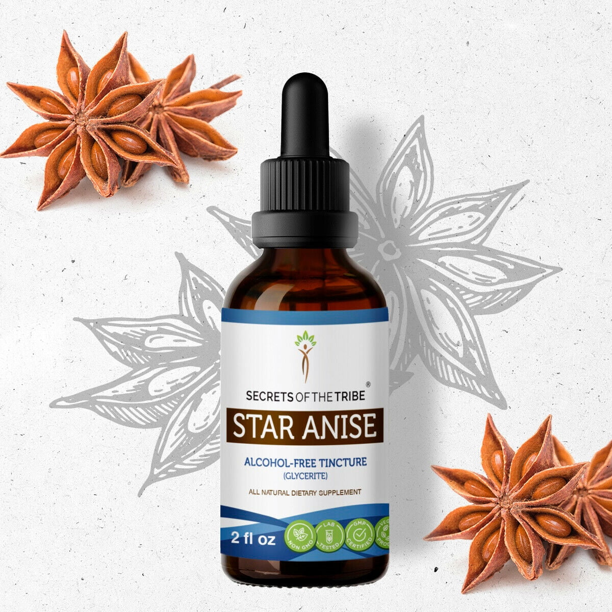Star Anise Tincture Alcohol-FREE Extract, Organic Star Anise (Illicium verum) Dried Seed 2 oz