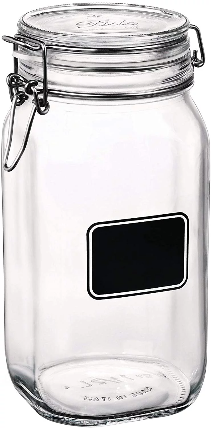 Bormioli Rocco Fido Collection, 2 Pack, 50.75 Oz. Food Storage Glass Jars, With Chalkboard, Airtight Rubber Seal & Glass Lid, With Stainless Wire Clamp, Made In Italy