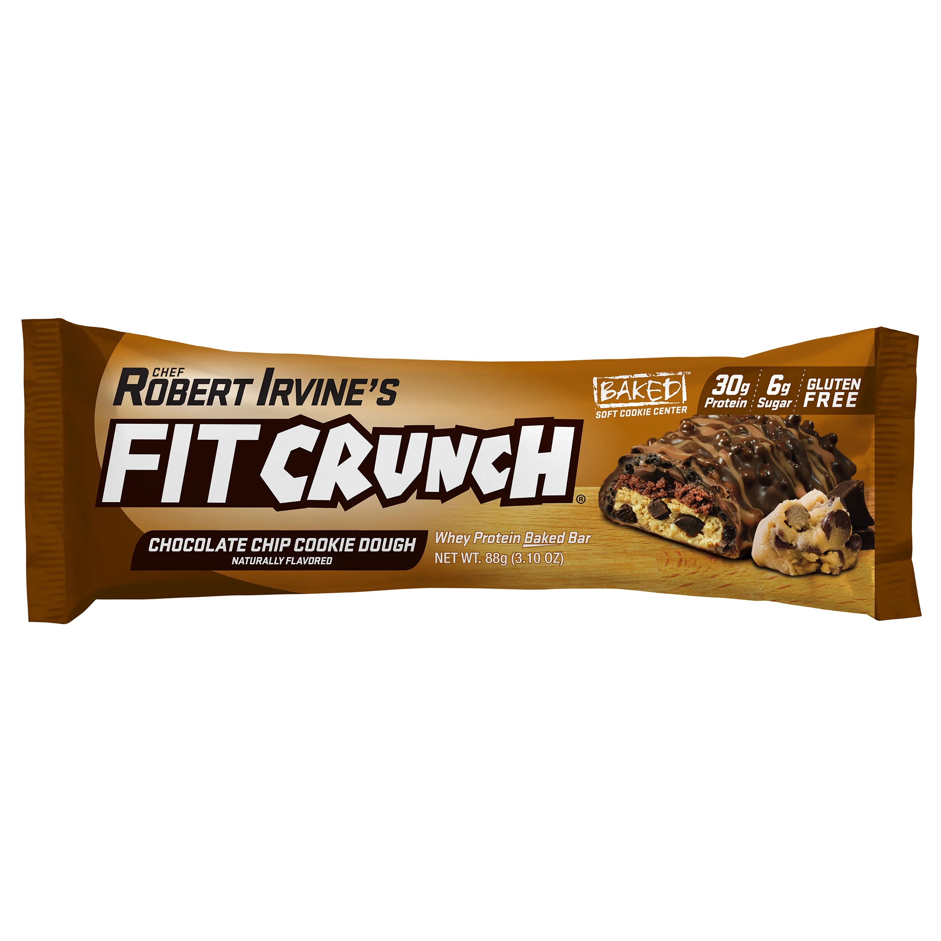Chef Robert Irvine's FITCRUNCH Chocolate Chip Cookie Dough, High Protein Baked Bar, 30g Protein, 3.1 oz., 1ct