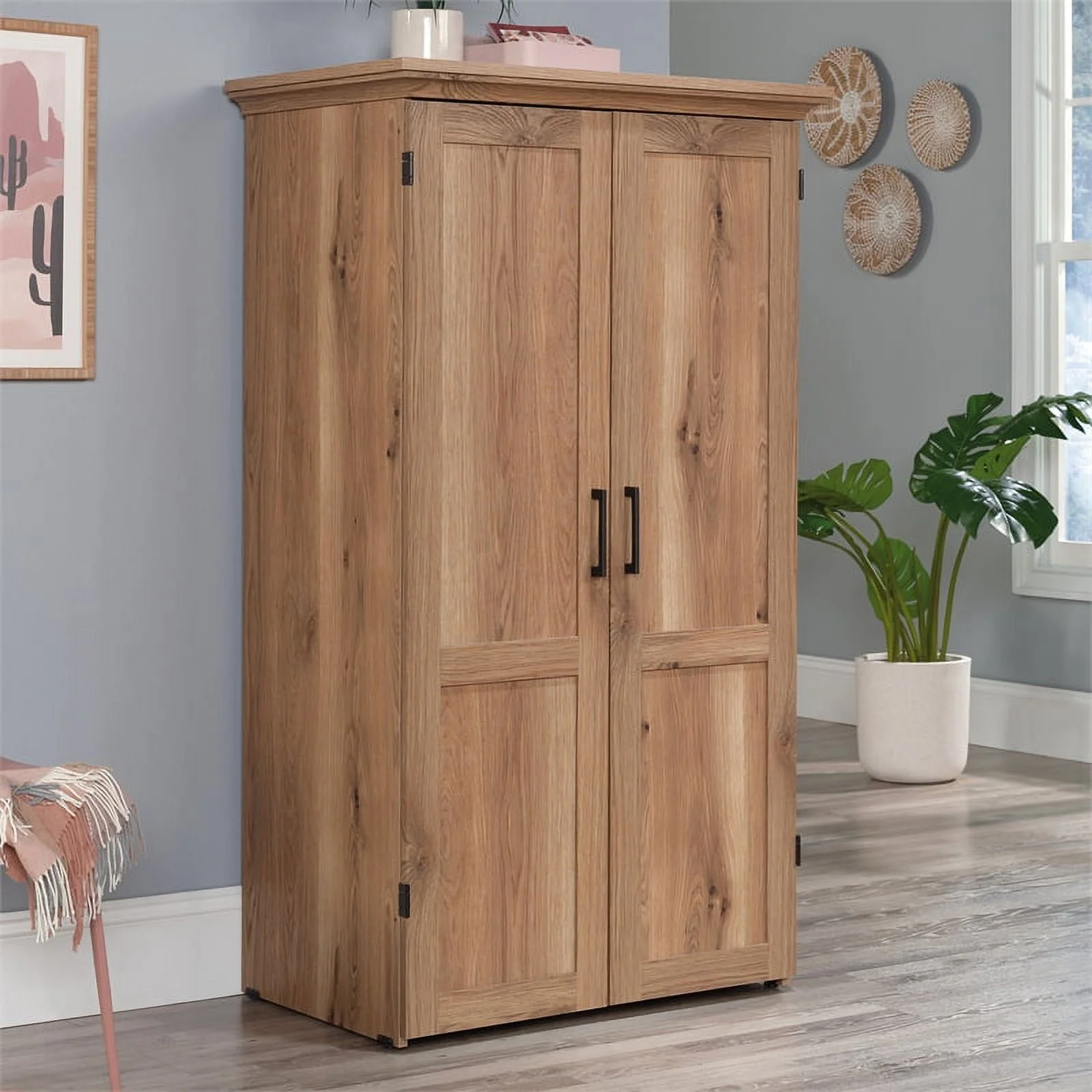 Pemberly Row Engineered Wood Multi-Purpose Armoire in Timber Oak Finish