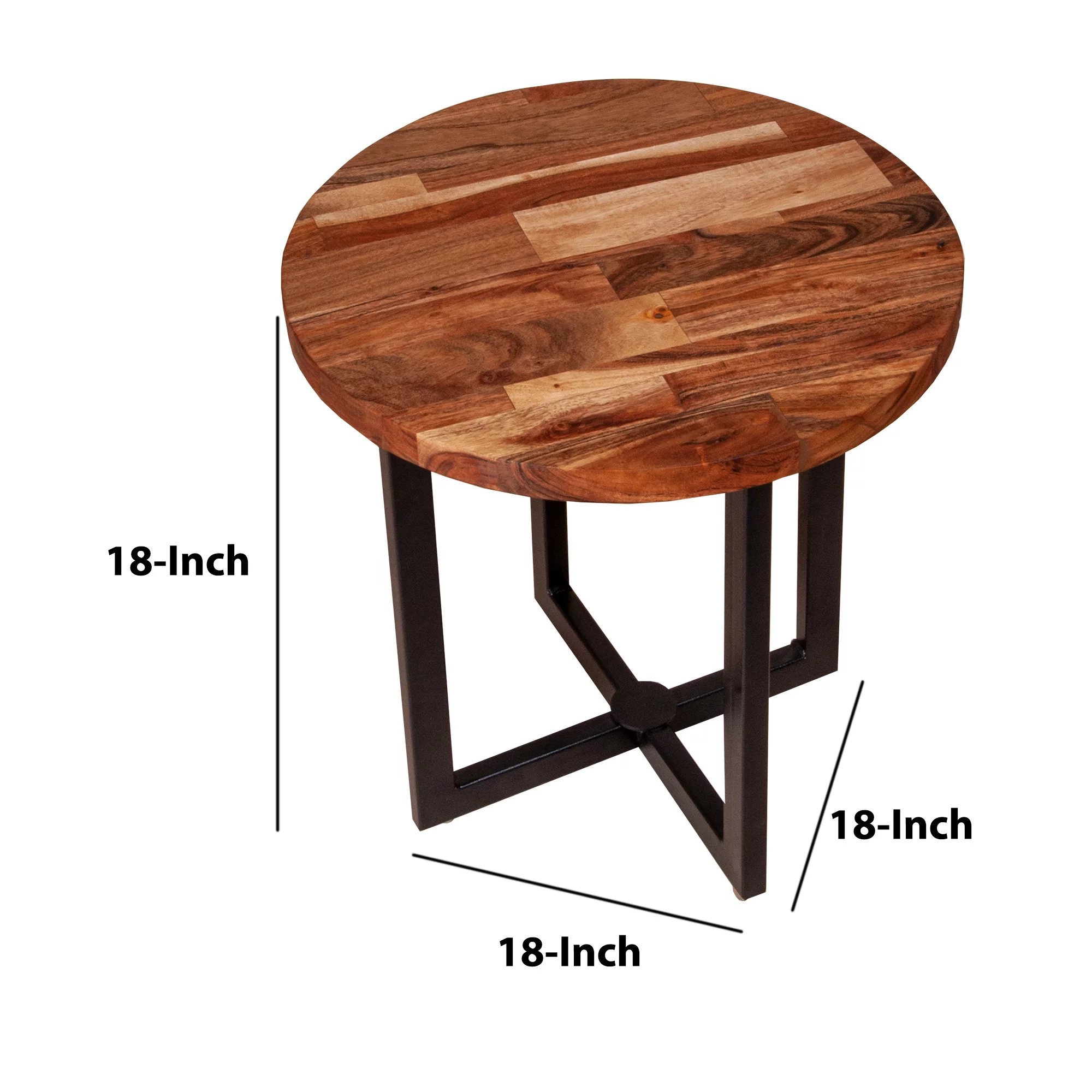 LANTRO JS Peter 18 Inch Round End Side Table, Solid Acacia Wood Tabletop, Steel Frame, Brown, Black