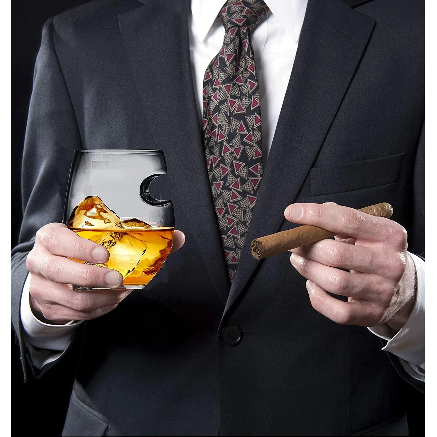 Bezrat Double Old Fashioned Whiskey Glasses with Side Mounted Holder Rest (2pk Twist & Round) - set of 2