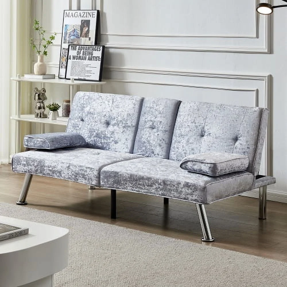 DremFaryoyo Convertible Sofa Bed Adjustable Couch Sleeper Modern Faux Leather Recliner Reversible Loveseat Folding Daybed Guest Bed  Removable Armrests  Cup Holders  3 Angles    Gray