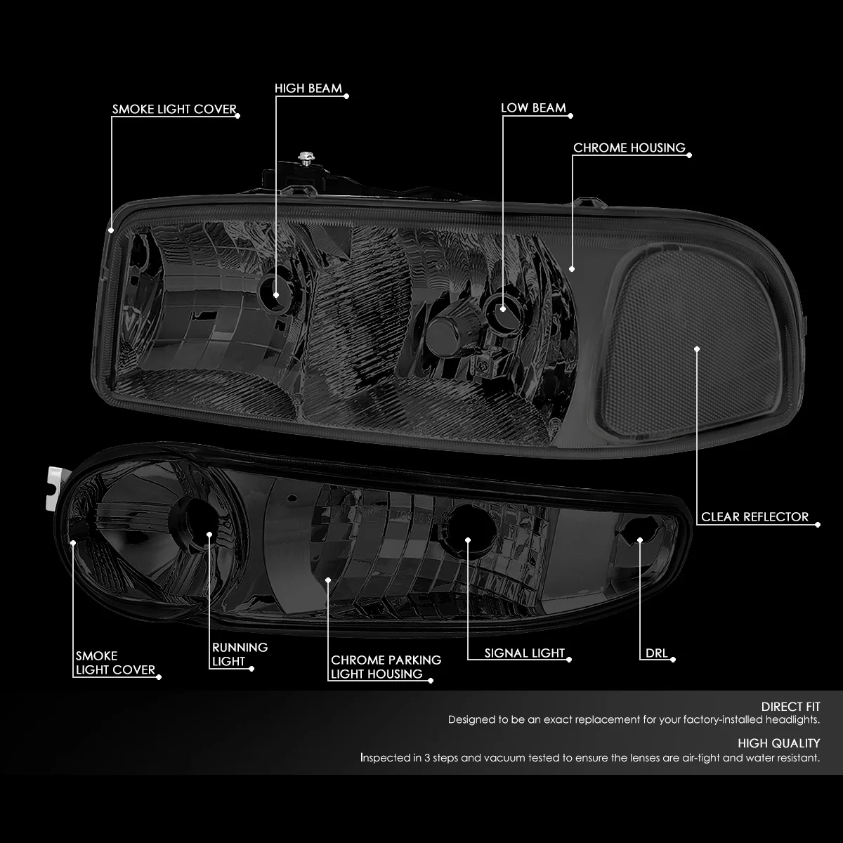 DNA Motoring HL-OH-DAN994P-SM-CL1 For 2001 to 2007 GMC Sierra C3 Yukon Denali 4Pcs of Smoked Lens Clear Corner Headlights + Bumper Lamps 02 03 04 05 06 Left + Right