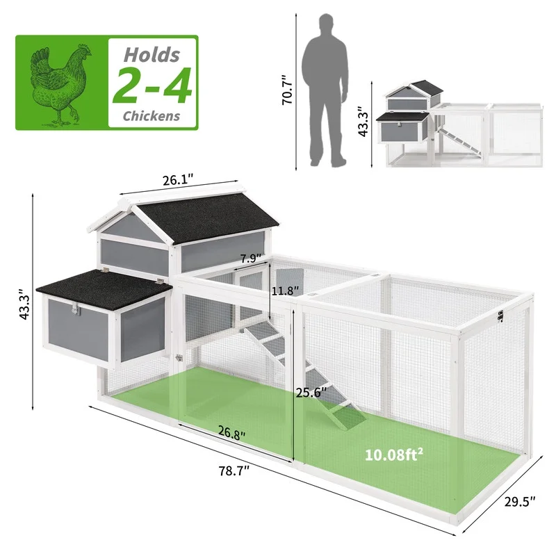 BRELTAM 78.7'' Chicken Coop Large Hen House for 2-4 Chickens Outdoor Chicken Coops Wooden 2 Story Poultry Cage with Run, Two Nesting Boxes and Waterproof Roof