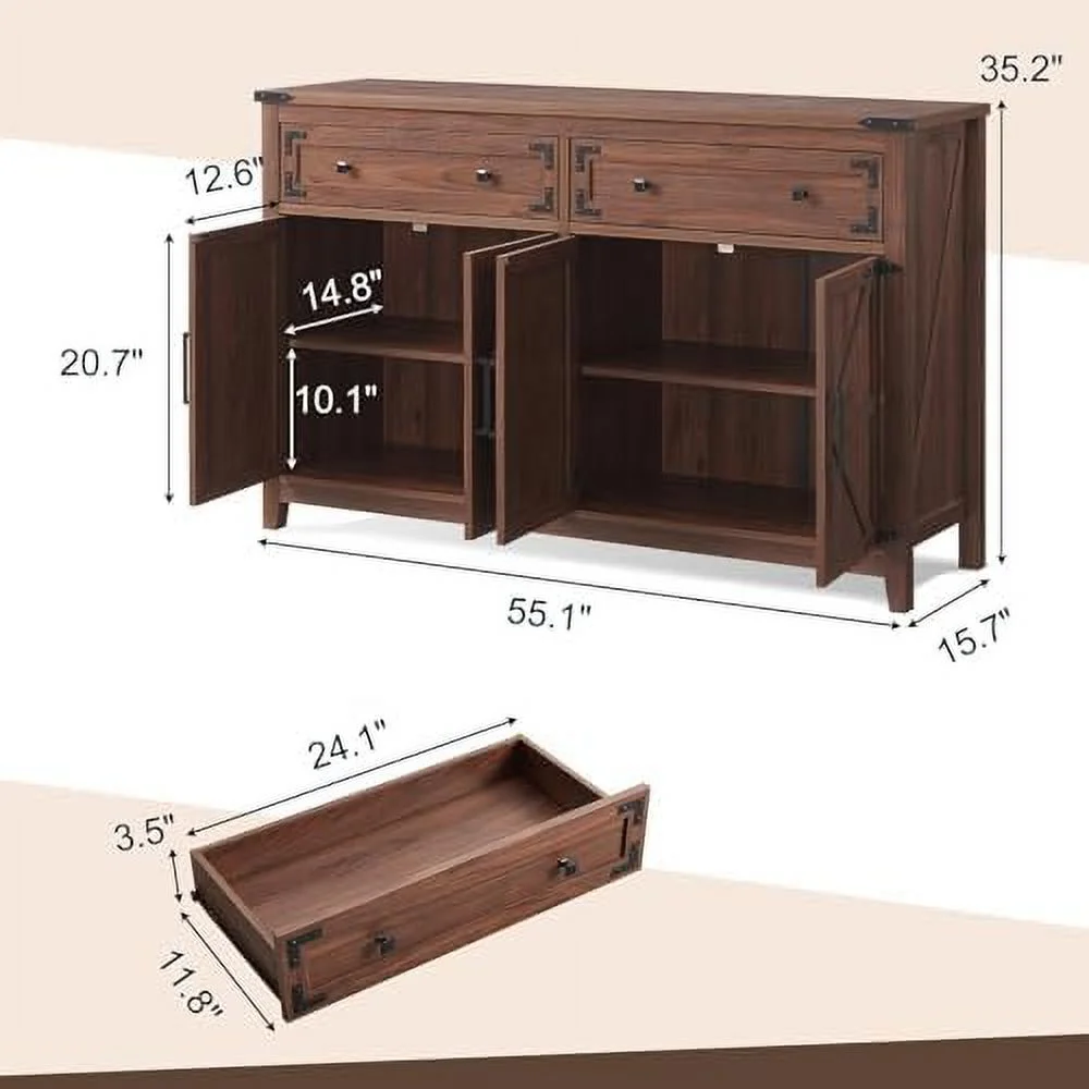 HBBOOMLIFE Farmhouse Buffet Cabinet  55" Sideboard Buffet Cabinet with   Rustic  Cabinet with 4 Barn Doors & 2 Drawers  Wood Coffee  Table for Dinning Room  Kitchen  Living Room W