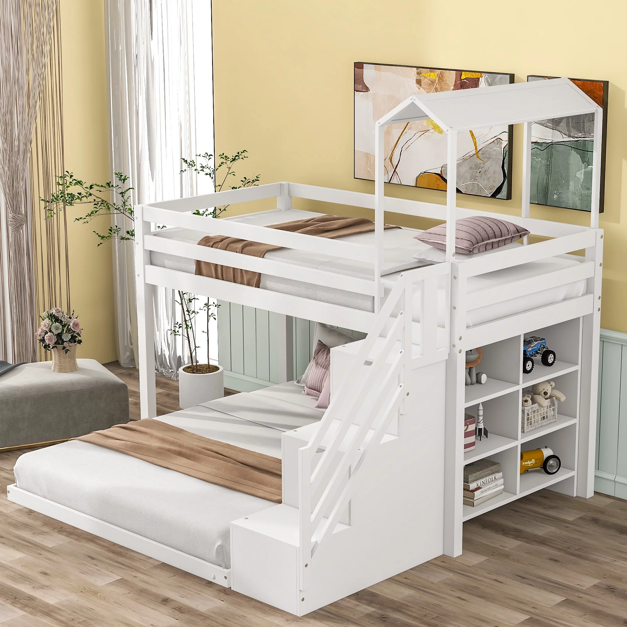 EUROCO Twin over Full Roof Bunk Bed with Staircase and Shelves for Bedroom, White