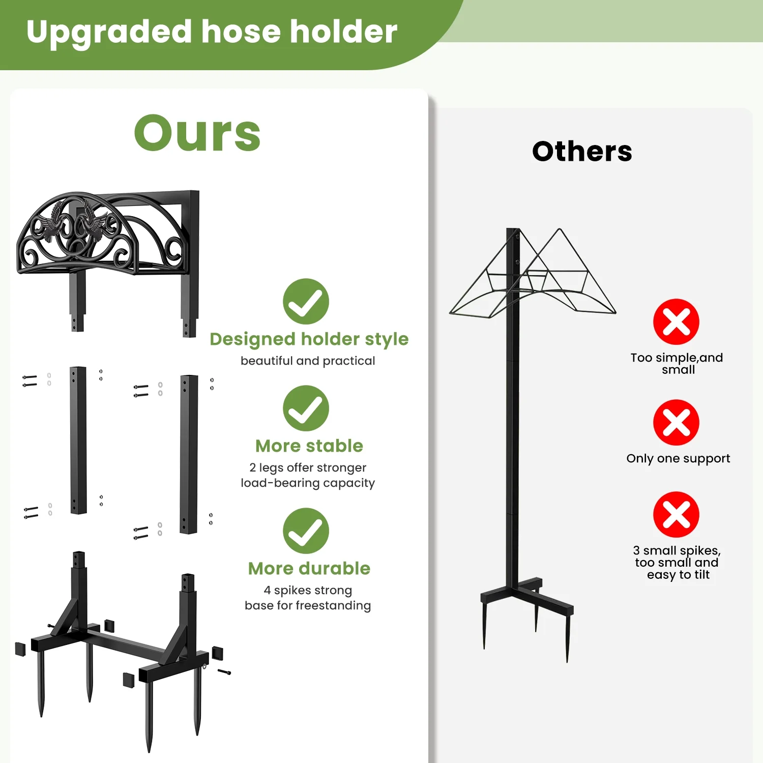 Garden Hose Holder with 4 Spikes, Freestanding Water Hose Stand Heavy Duty 4 Hooks Metal Garden Hose Storage Hose Reel Rack for Outside