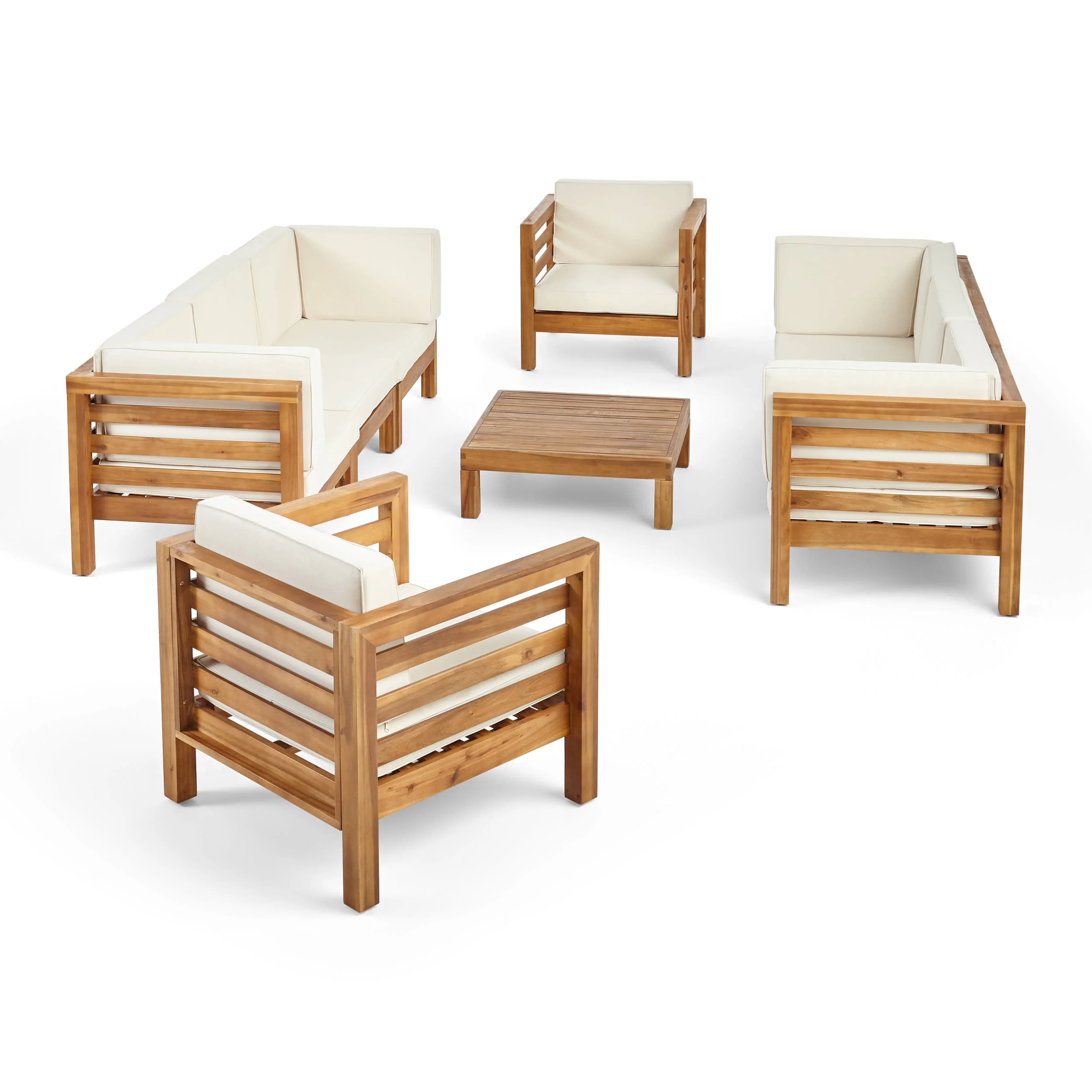 GDF Studio Cascada Outdoor Acacia Wood 8 Seater Sofa and Club Chair Set with Cushion, Teak and Beige
