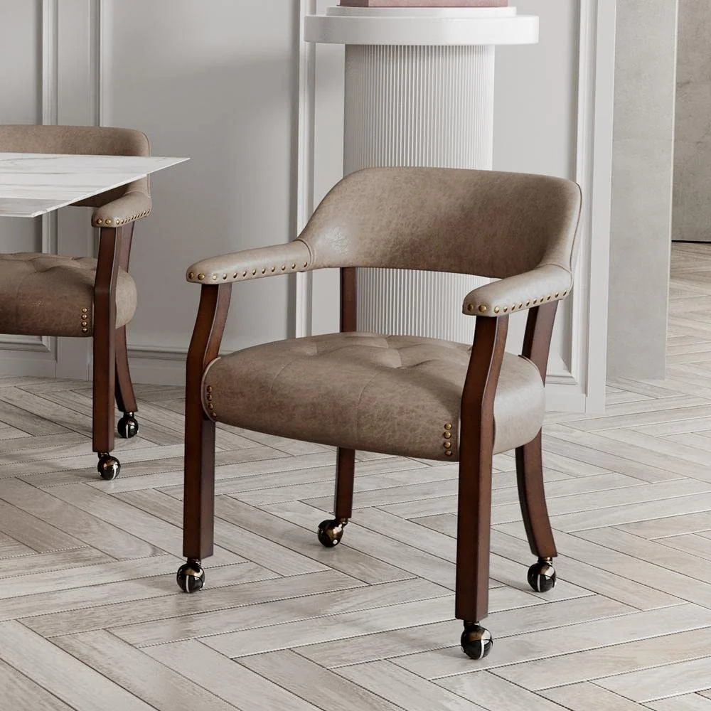 JESONVID Dining Chair with Casters Set of 2, Captain's Chair with Caster Dining Room Chairs with Rollers Curving Backrest Dinette Sets Poker Chair with Wheels Kitchen Table Rolling Chairs,Light Wheat