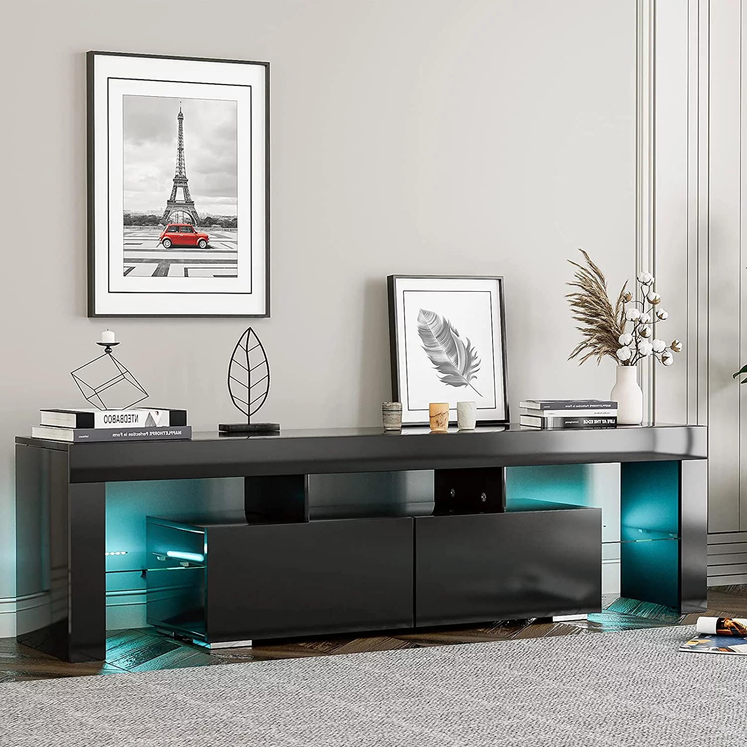 IKIFLY Black TV Stand, Modern LED TV Stand w/16 Colors&Remote Control Lights, High Gloss TV Cabinet w/Storage&2 Drawers，65 Inch Entertainment Center for Living Room