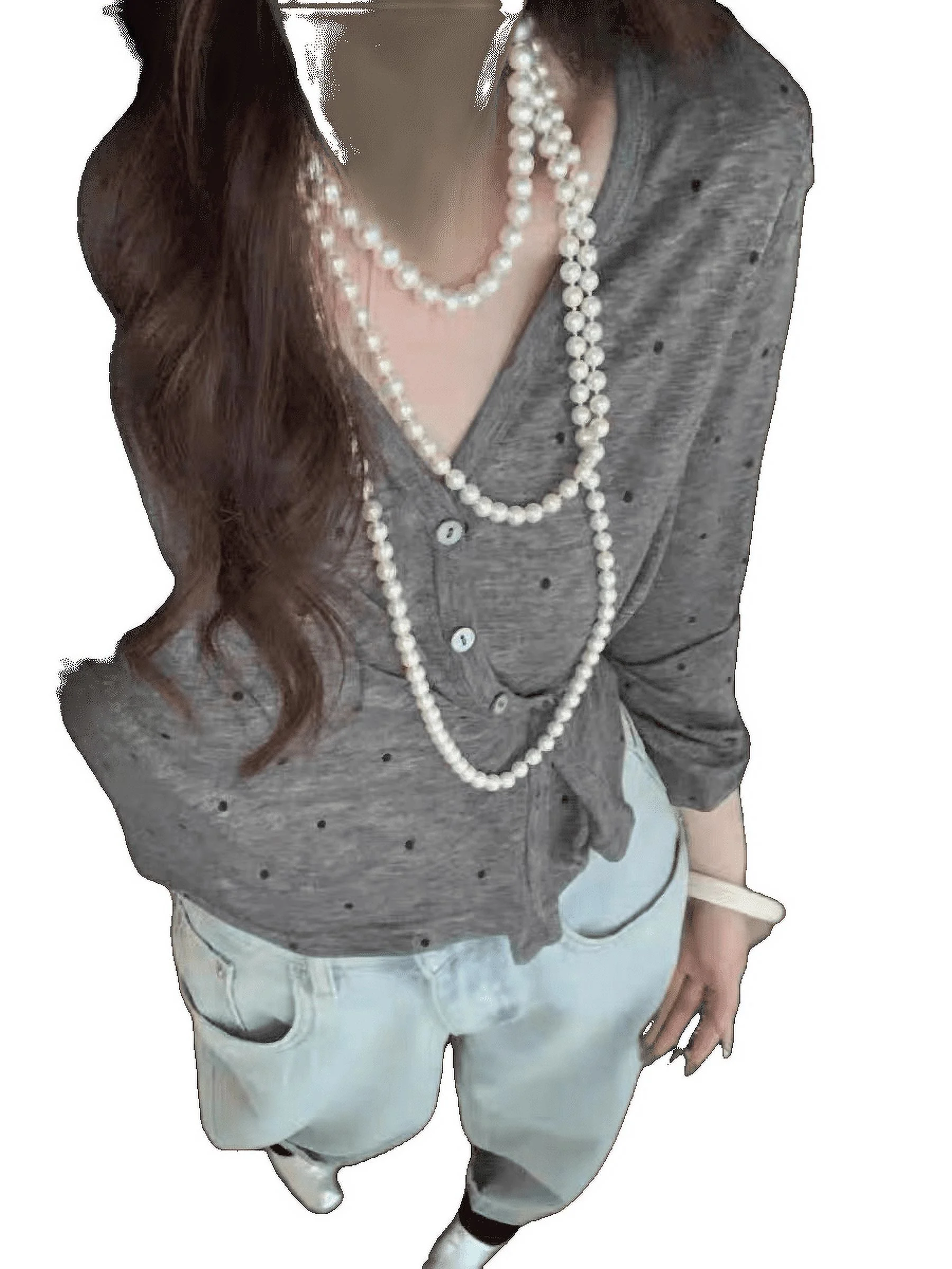 Fine Wool With Shoulder -Shoulder V -Neck Wave Dot Long -Sleeved T -Shirt Women'S Small Shirt Top French Thin Cardigan Bottoming Shirt Spring Spring Creamy-White L