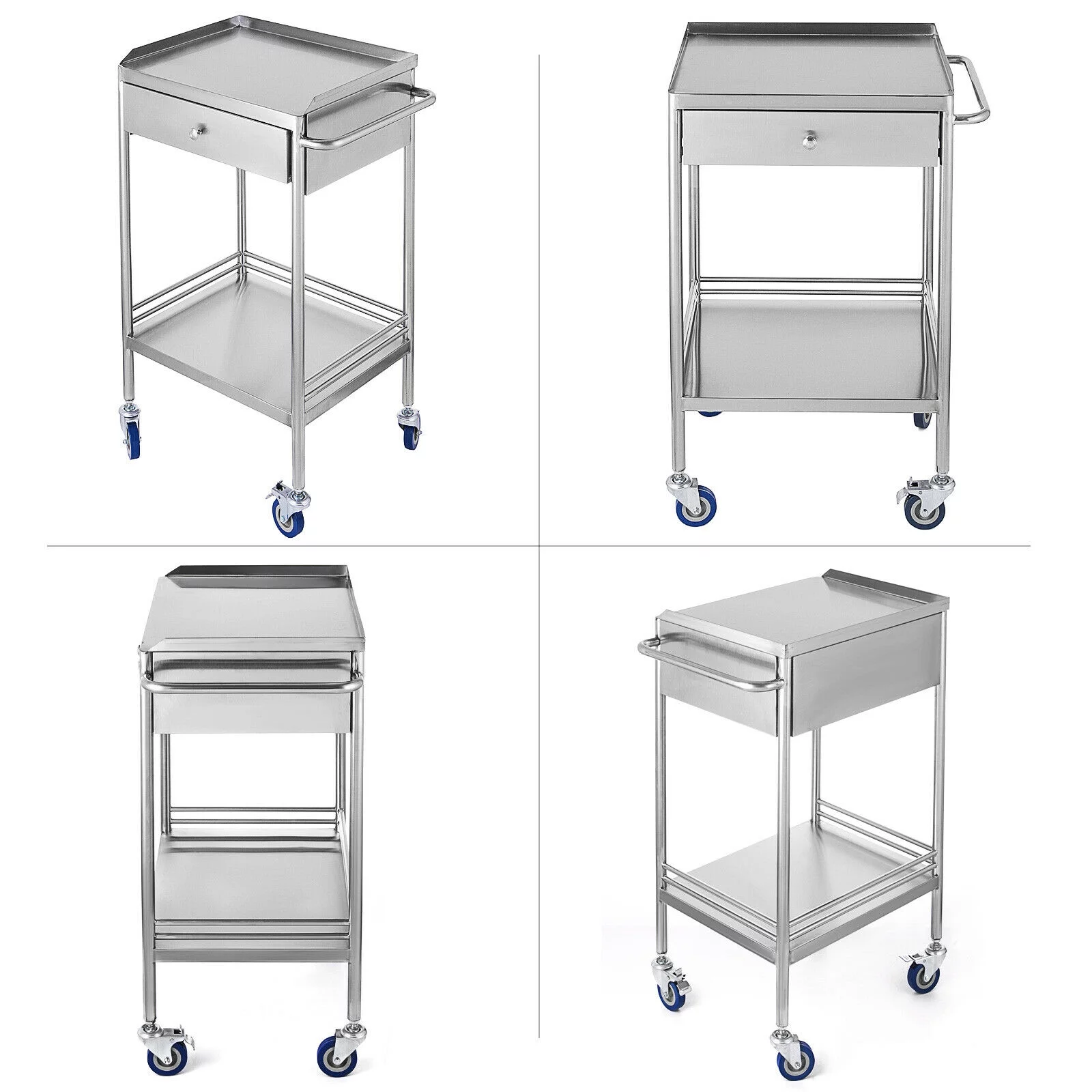 Miumaeov 2 Layer Medical Hospital Lab Emergency Rolling Trolley Single Drawer Mobile Stainless Steel Serving Cart Stand with Wheels