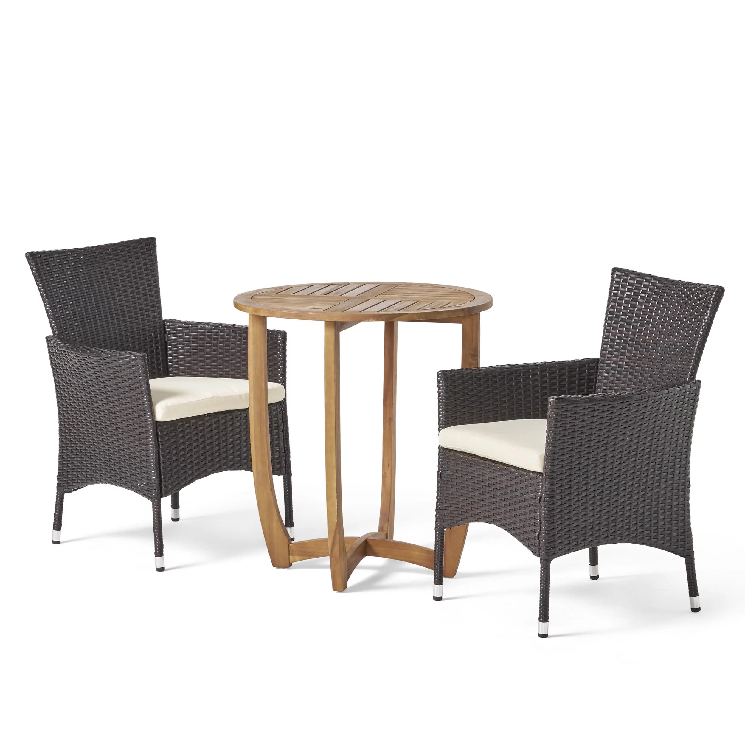 GDF Studio Brantly Outdoor Acacia Wood and Wicker 3 Piece Bistro Set with Cushions, Teak, Multibrown, and Beige