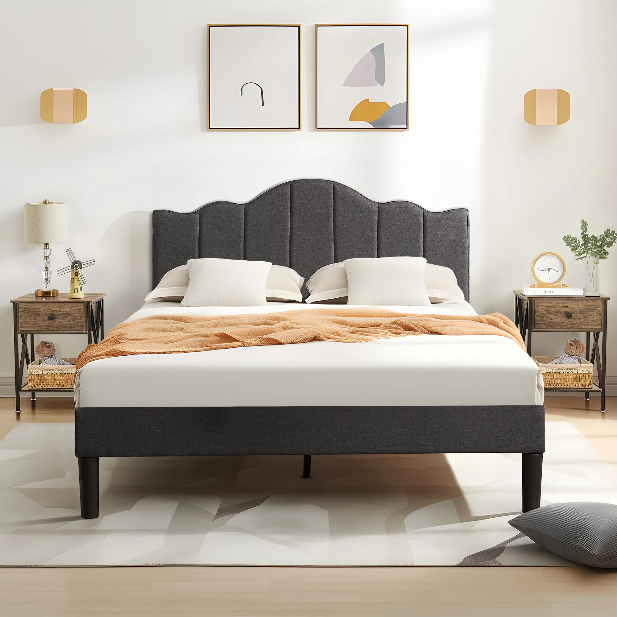 VECELO 3-Piece Bedroom Sets Upholstered Bed Frame and 2 Black Nightstand