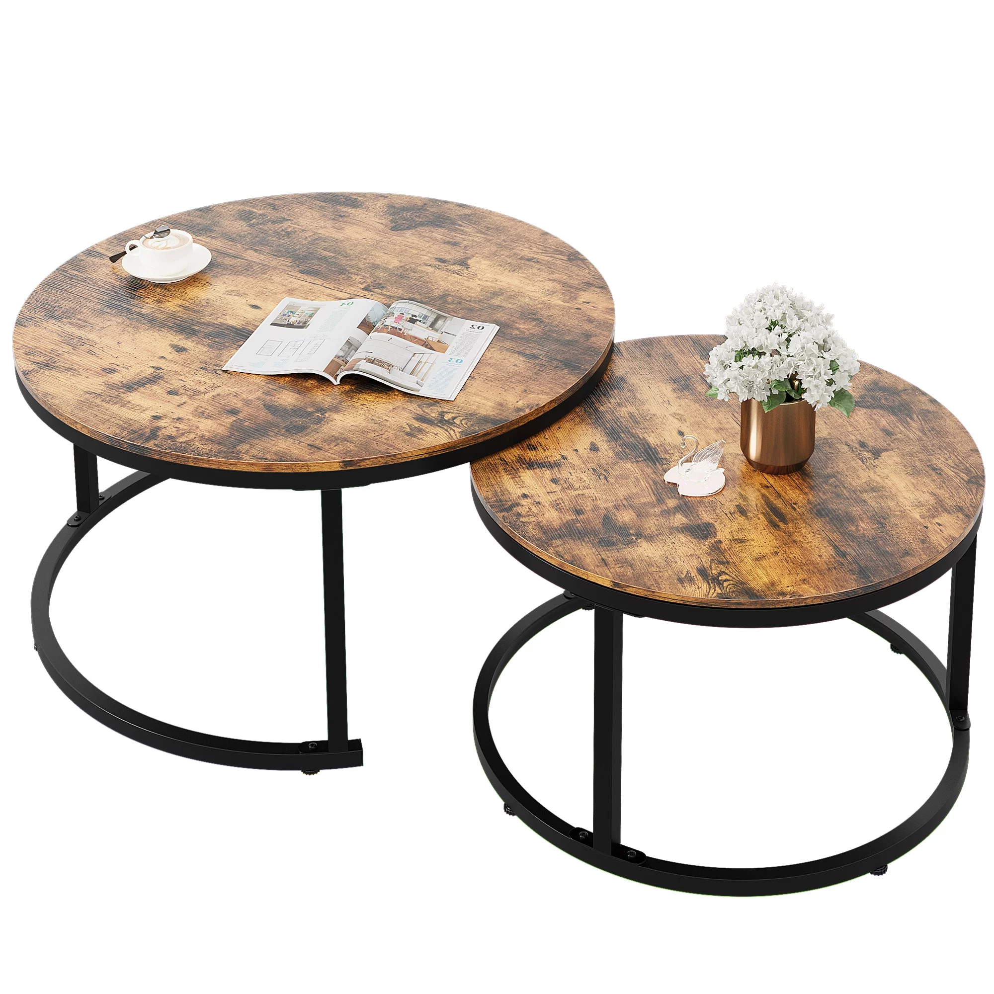 Dextrus Wood Round Nesting Coffee Table Set of 2, Snack End Table with Metal Frame for Living Room, Rustic Brown