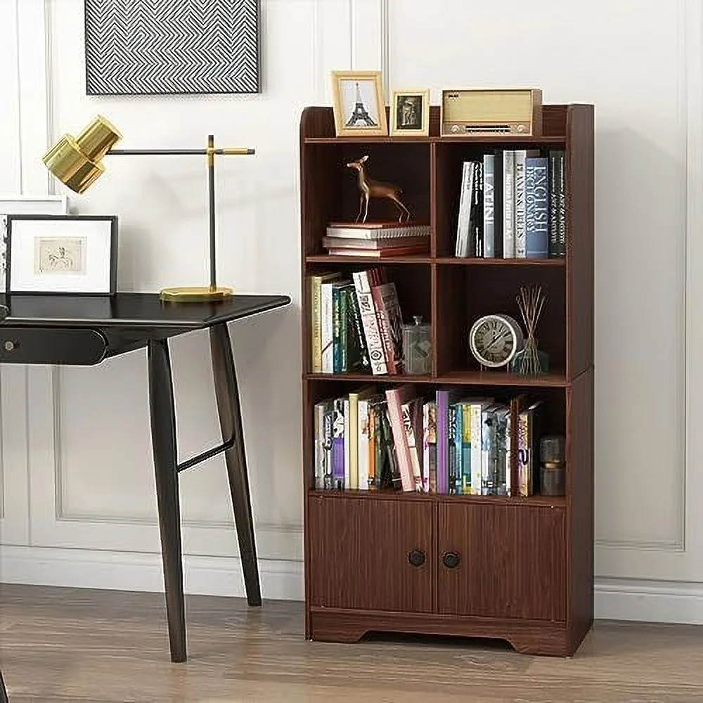 YPDCHB 4-Tier Bookcase with Doors  47.5" Tall Freestanding Wooden Bookshelf with 3 Shelves  4 Cubes  Cabinet Organizer for  Room Office Living Room Bedroom Study  Brown