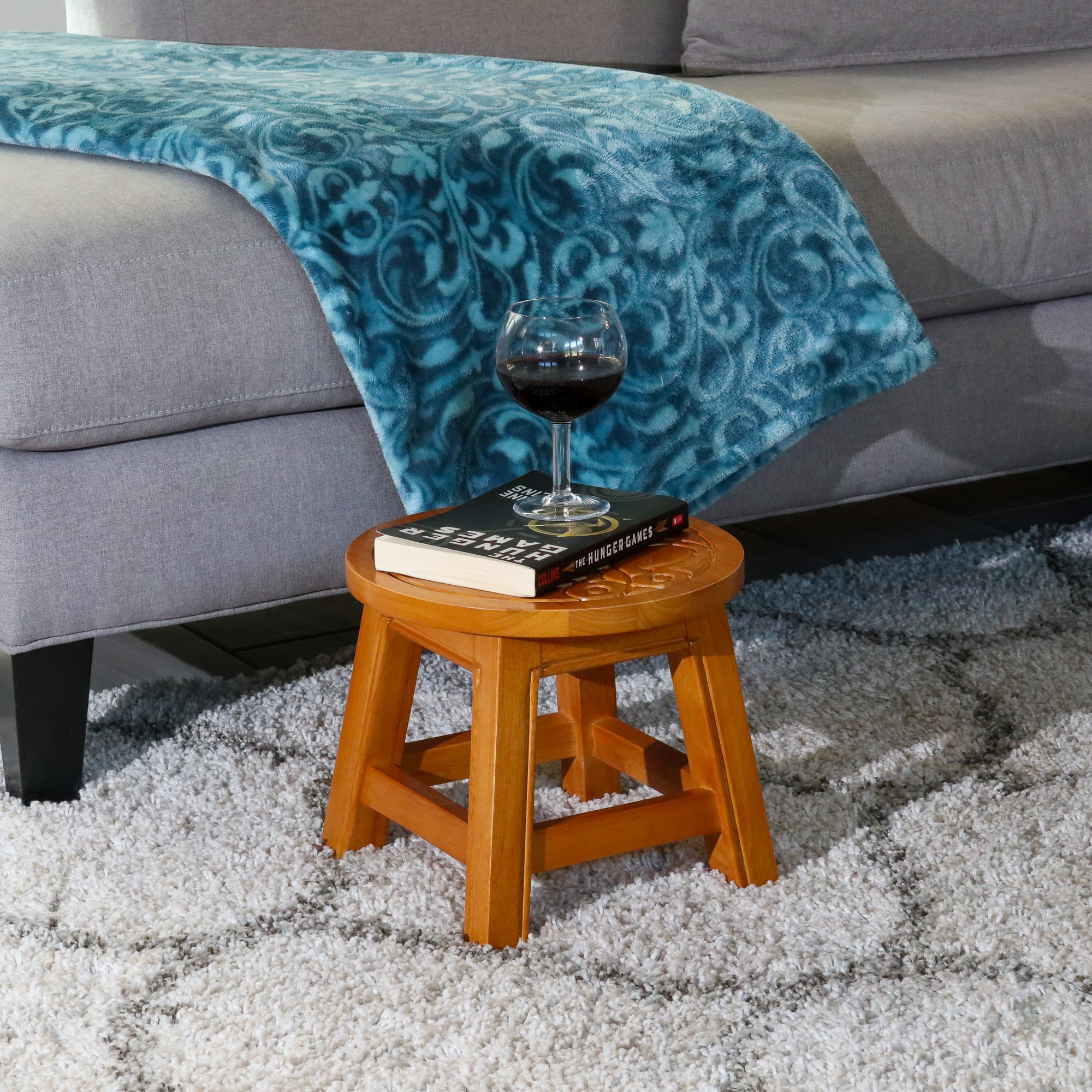 Homiyad Carved Wooden Step Stool, Butterflies, Natural