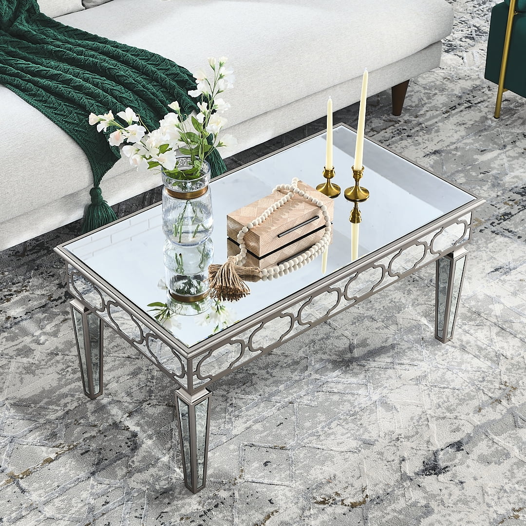 Silver Elegant Shiny Mirror Cocktail Coffee Table  39.5” X 21.5” X 19.5”