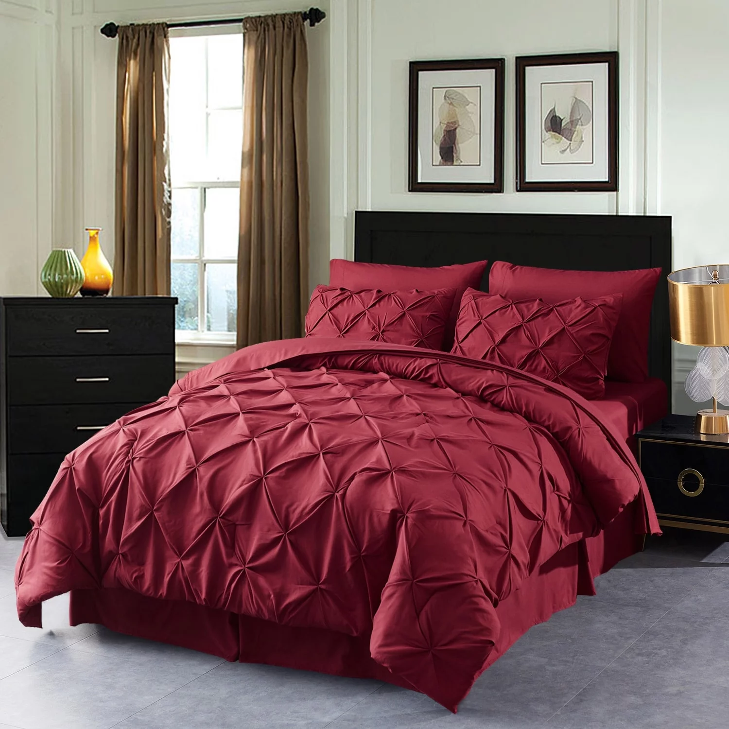 JML Burgundy Pintuck Comforter Set Pinch Pleated Bed in A Bag King