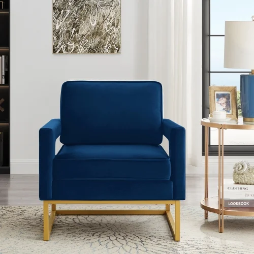 JHOOTUUO Modern Style Accent Chair with Gold Metal Base   Velvet Upholstered Leisure Chair with Open Armrest  Armchair  Navy