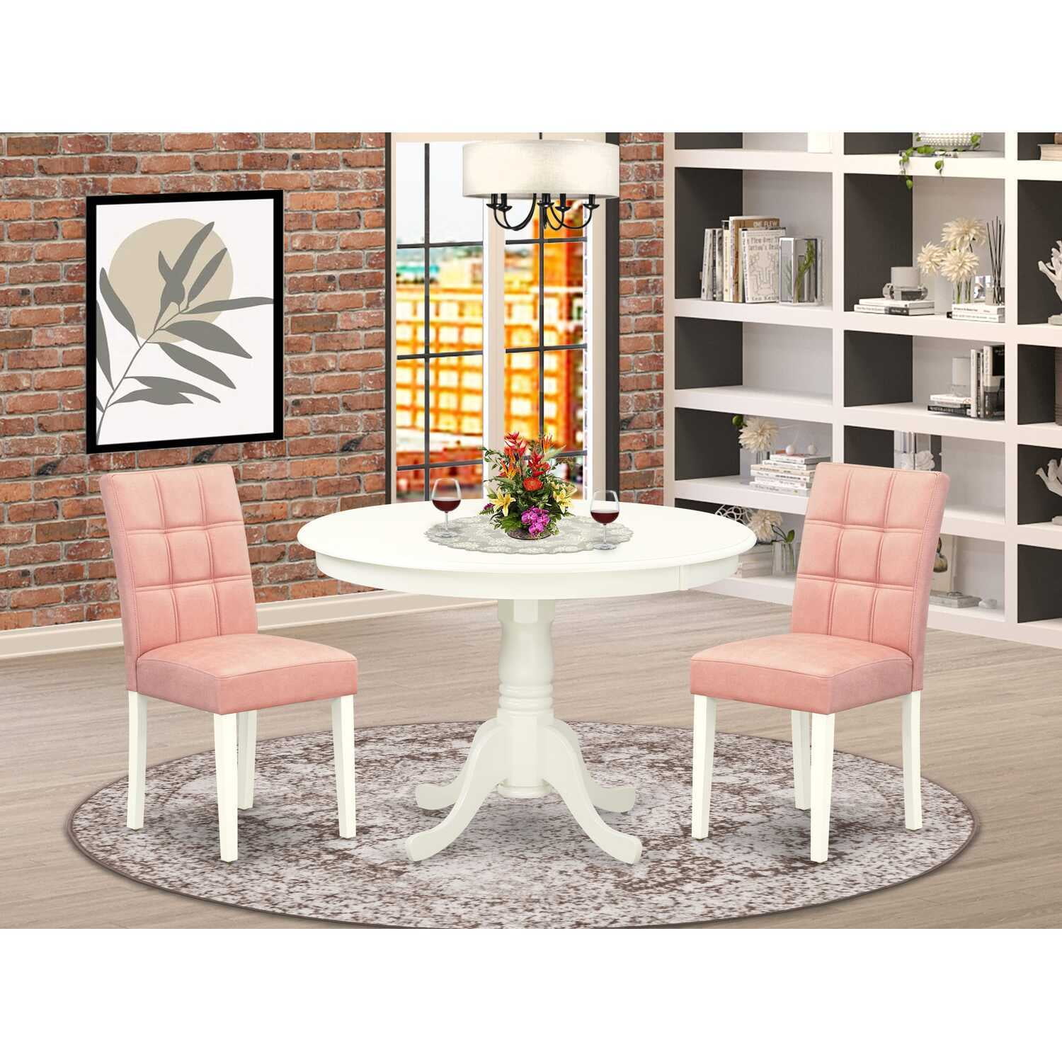 HomeStock Coastal Craftsman Chic 3 Piece Dining Table Set Includes A Round Kitchen Table With Pedestal And 2 Chairs, Linen White
