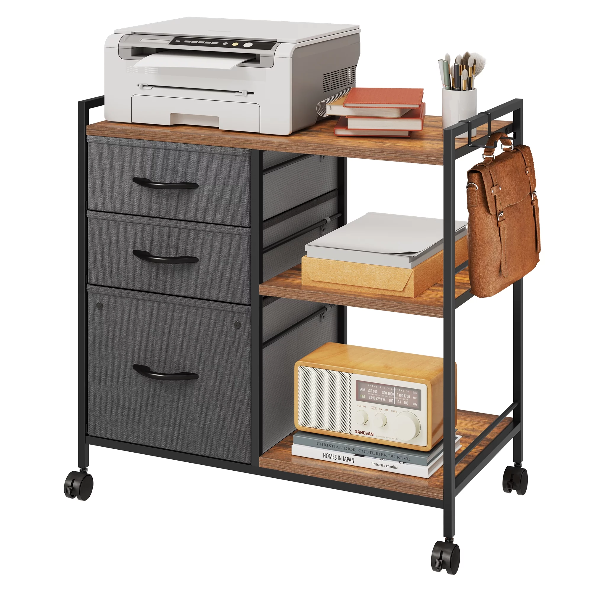 Dextrus 3 Drawer Mobile File Cabinet, Rolling Printer Stand with Open Storage Shelf and Hook, Lateral Fabric Filing Cabinet for Home Office, Fits A4/Letter Size (Dark Grey)