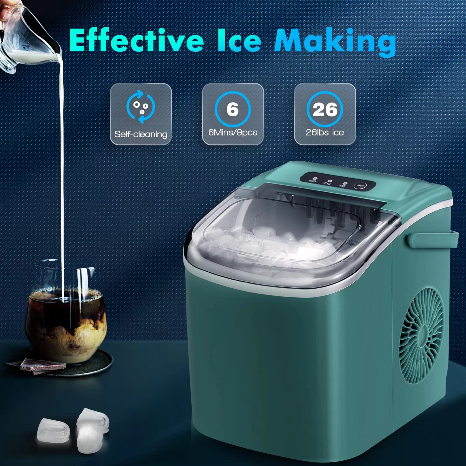 Ice Makers Countertop with Self-Cleaning, 26.5Lbs/24Hrs, 9 Cubes Ice Ready in 6 Mins, Portable Ice Maker with Ice Scoop/Basket for Home/Kitchen/Office/Bar, Green(with Handle)