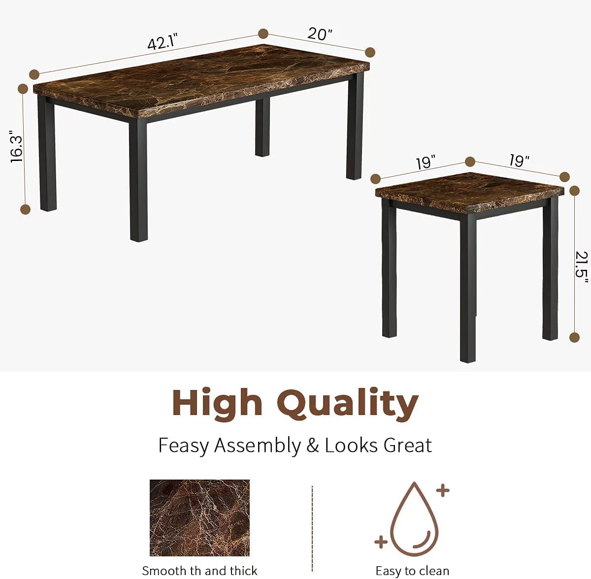 3 Piece Coffee, Living Room 3PCS Set with Faux Marble Tabletop, Includes CoffeeTable and 2 End Tables, 42.1