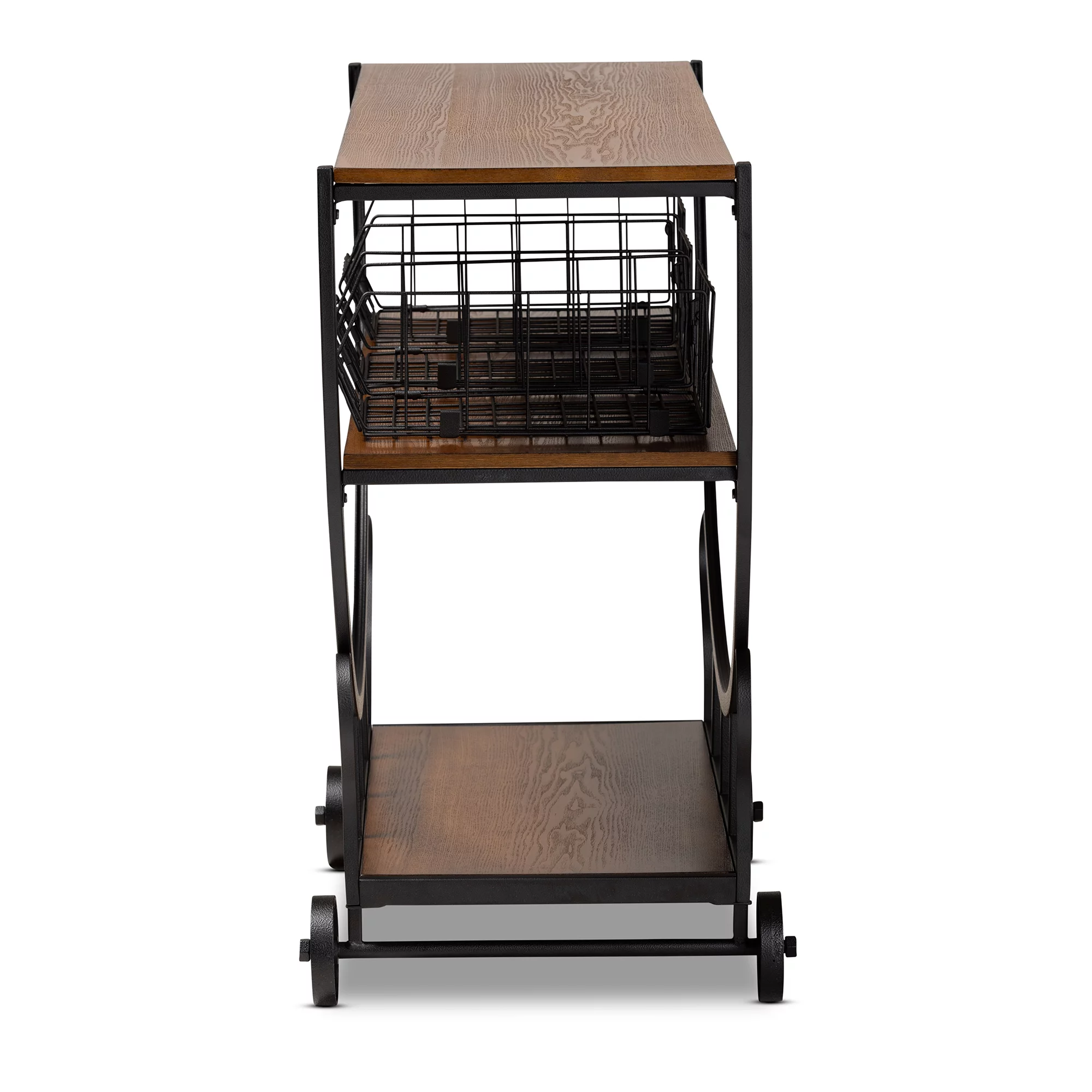 Baxton Studio Frieda Industrial Wood and Metal 3 Tier Mobile Console Table, Walnut/Black