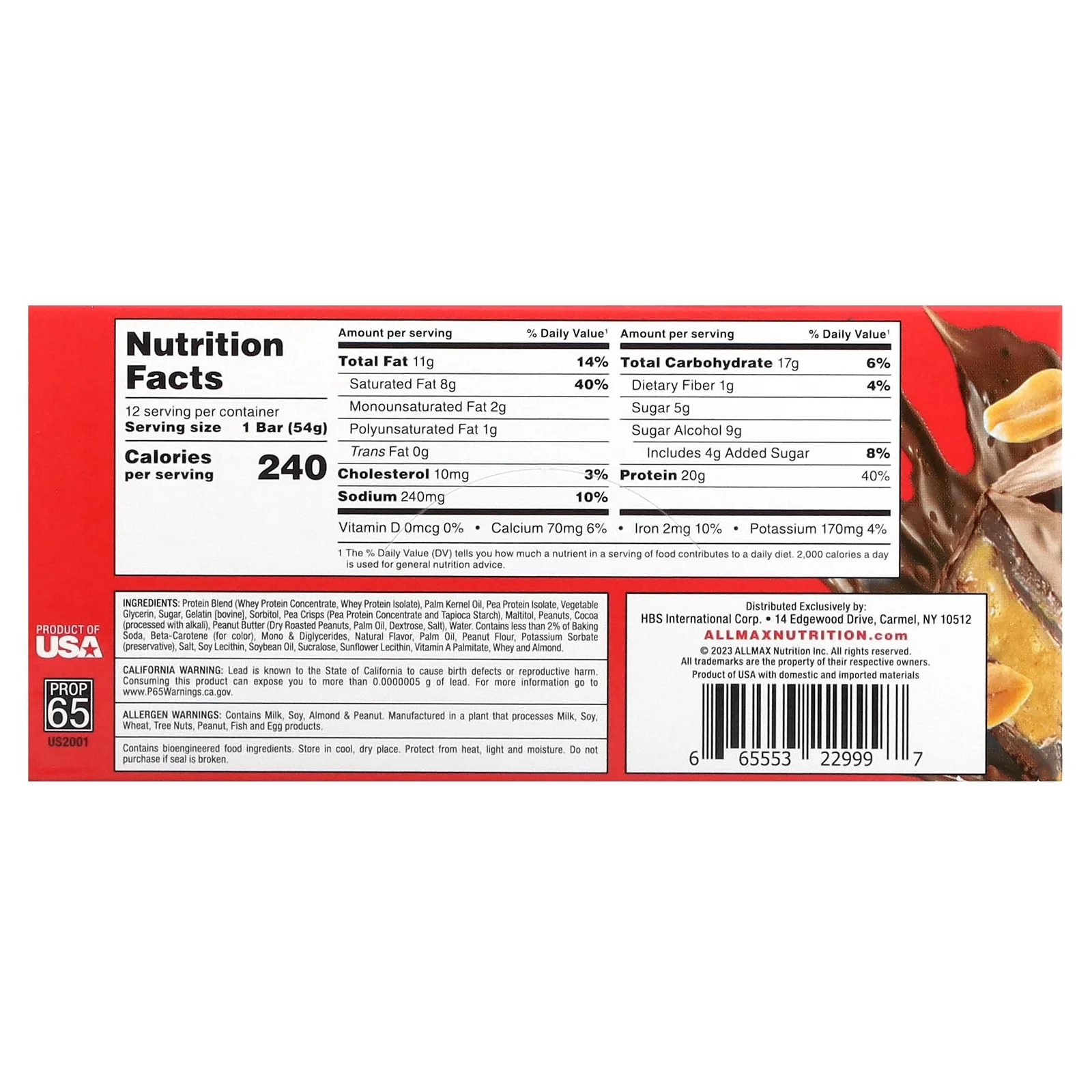 ALLMAX Hexapro, Protein Bar, Chocolate Peanut Butter Cup, 12 Bars, 1.9 oz (54 g) Each