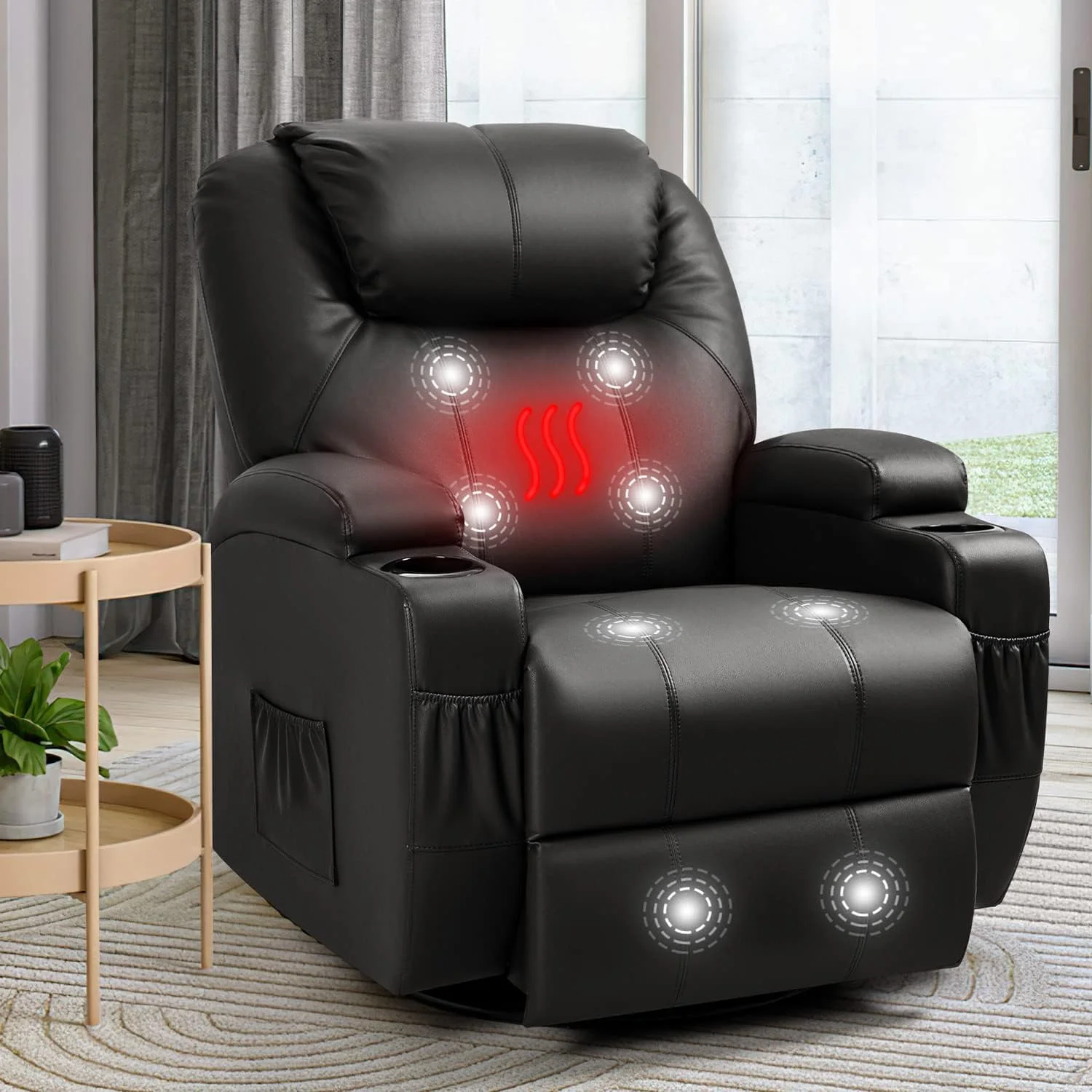 Rocker Recliner Chair With Massage And Heat For Elderly, Leather Adjustable 360°Swivel Rocking Sofa For Living Room With Control, Cup Holders (Black)