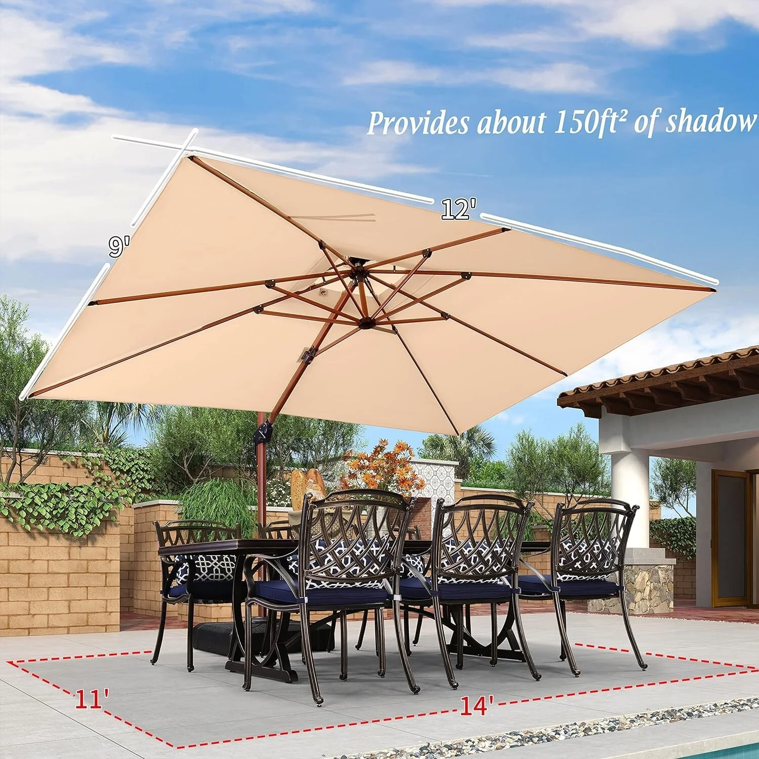 PURPLE LEAF  9 x 12ft Rectangle Wood Pattern Patio Cantilever Umbrella Beige
